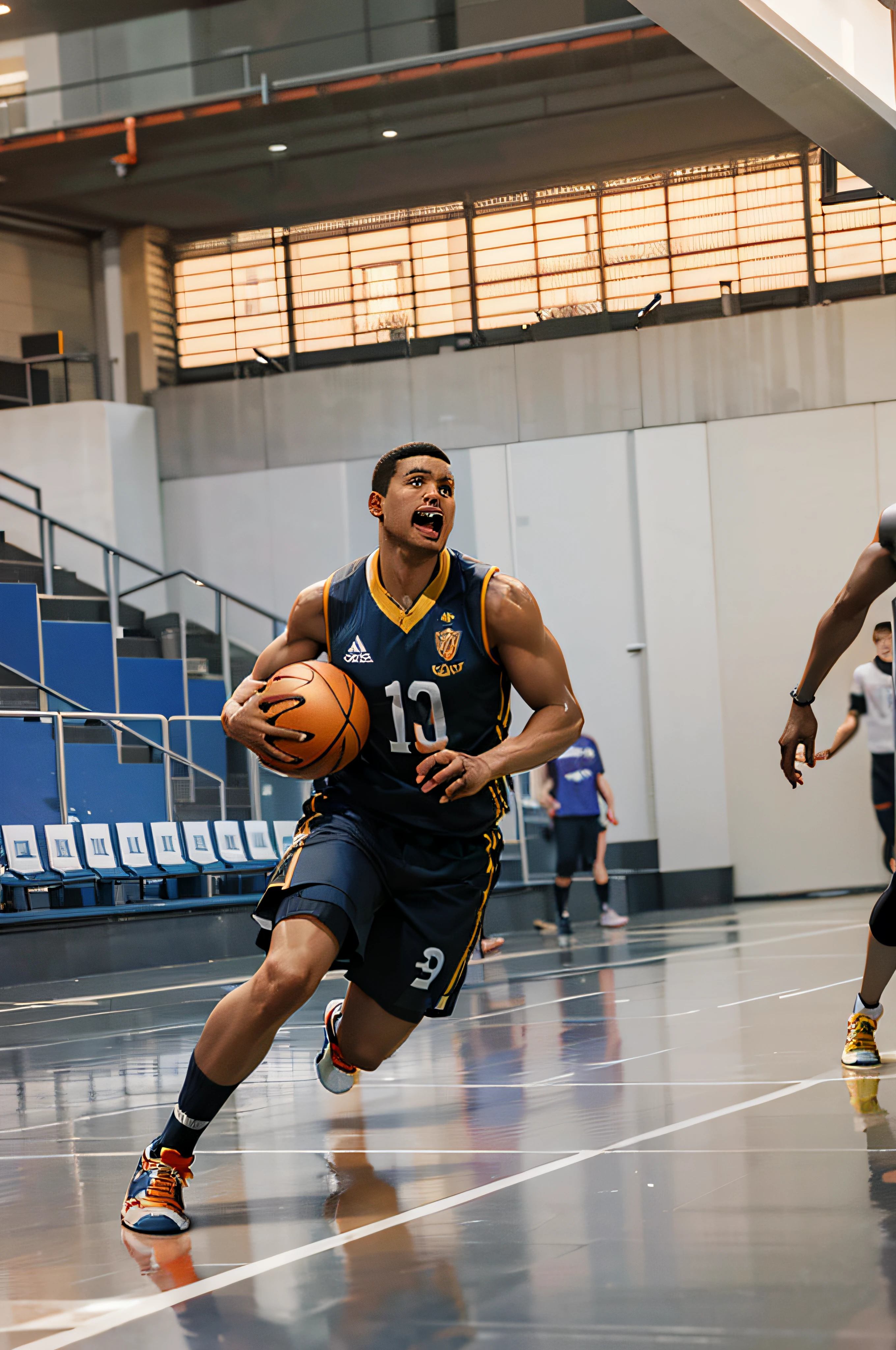 there are two men playing basketball on a large indoor court, Carmelo Blandino, Barry Qindsor-Smith, album photo, Tiroteio indoor, sables cruzados em segundo plano, action shot, trending on dribbble, O retorno cruel de Kardur, Jorge Pemba, olhar intenso, Anthony Pafford, Gary Giz, trending dribble, Elson Pedro