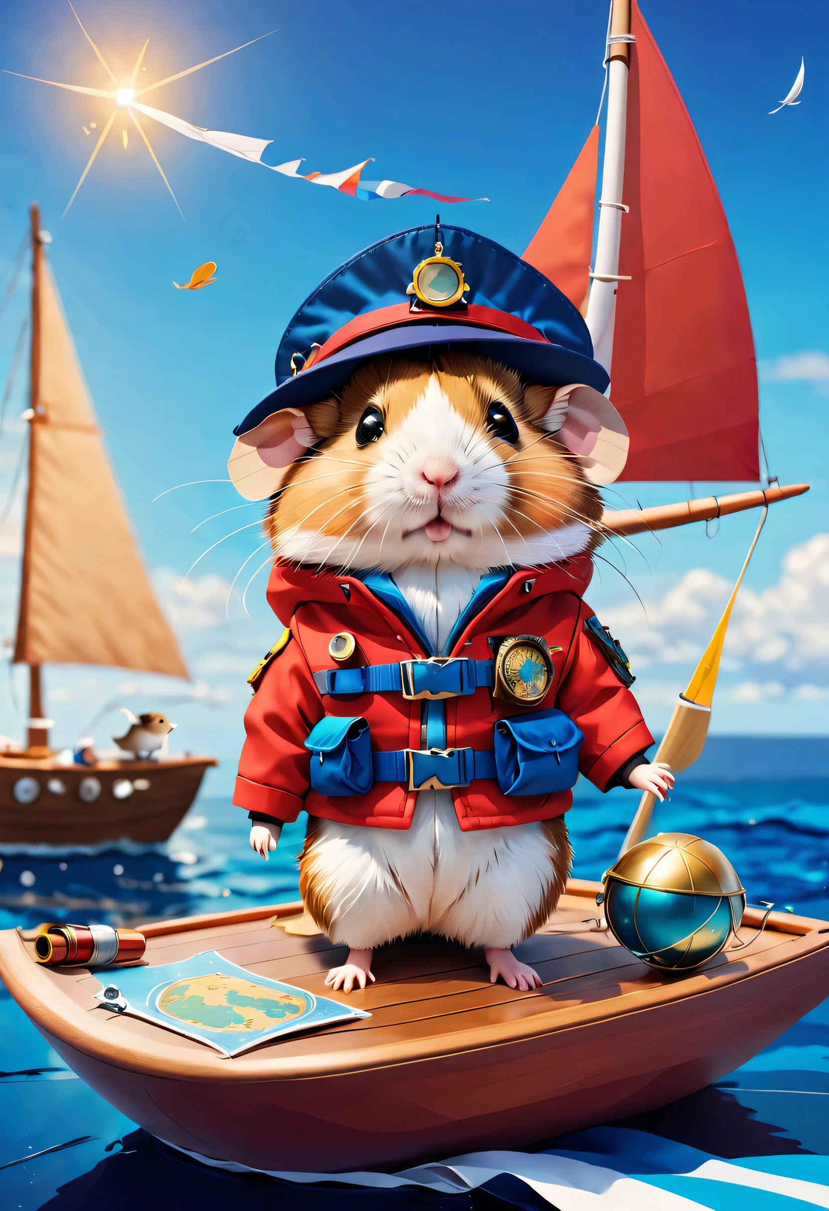 1 cute hamster adventurer。tas'Wearing a bright red adventure suit,Jacket with badge and pockets,It's filled with all kinds of useful tools and food。Hamster wearing black adventure hat,There is a feather pinned to the brim of the hat,Looks stylish。 ((Hamster adventurer standing on a sailboat,Composed of blue airbag and wooden shell。The exterior of the spacecraft is beautifully decorated,Various mysterious symbols and patterns are drawn on it))。(Hamster standing on the deck of a spaceship,One hand holding a telescope,The other hand holds a map。Its expression is full of excitement and curiosity,His eyes sparkled with determination and courage。hamster'My hair was messed up by the sea breeze,The flag behind me is fluttering in the wind,Embroidered with an eagle with its back facing forward,Symbolizes bravery and freedom)。Costume animals page