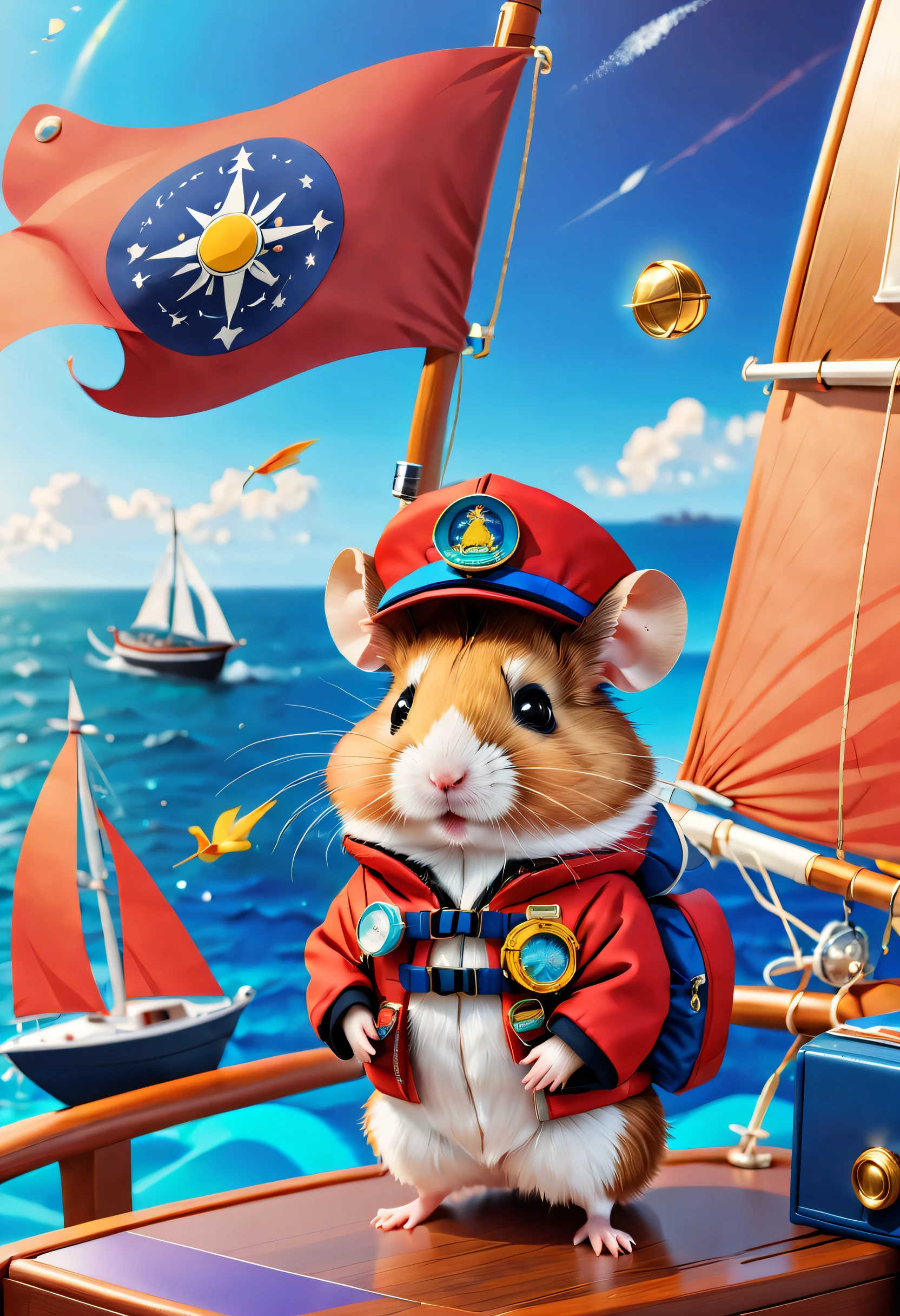 1 cute hamster adventurer。tas'Wearing a bright red adventure suit,Jacket with badge and pockets,It's filled with all kinds of useful tools and food。Hamster wearing black adventure hat,There is a feather pinned to the brim of the hat,Looks stylish。 ((Hamster adventurer standing on a sailboat,Composed of blue airbag and wooden shell。The exterior of the spacecraft is beautifully decorated,Various mysterious symbols and patterns are drawn on it))。(Hamster standing on the deck of a spaceship,One hand holding a telescope,The other hand holds a map。Its expression is full of excitement and curiosity,His eyes sparkled with determination and courage。hamster'My hair was messed up by the sea breeze,The flag behind me is fluttering in the wind,Embroidered with an eagle with its back facing forward,Symbolizes bravery and freedom)。Costume animals page