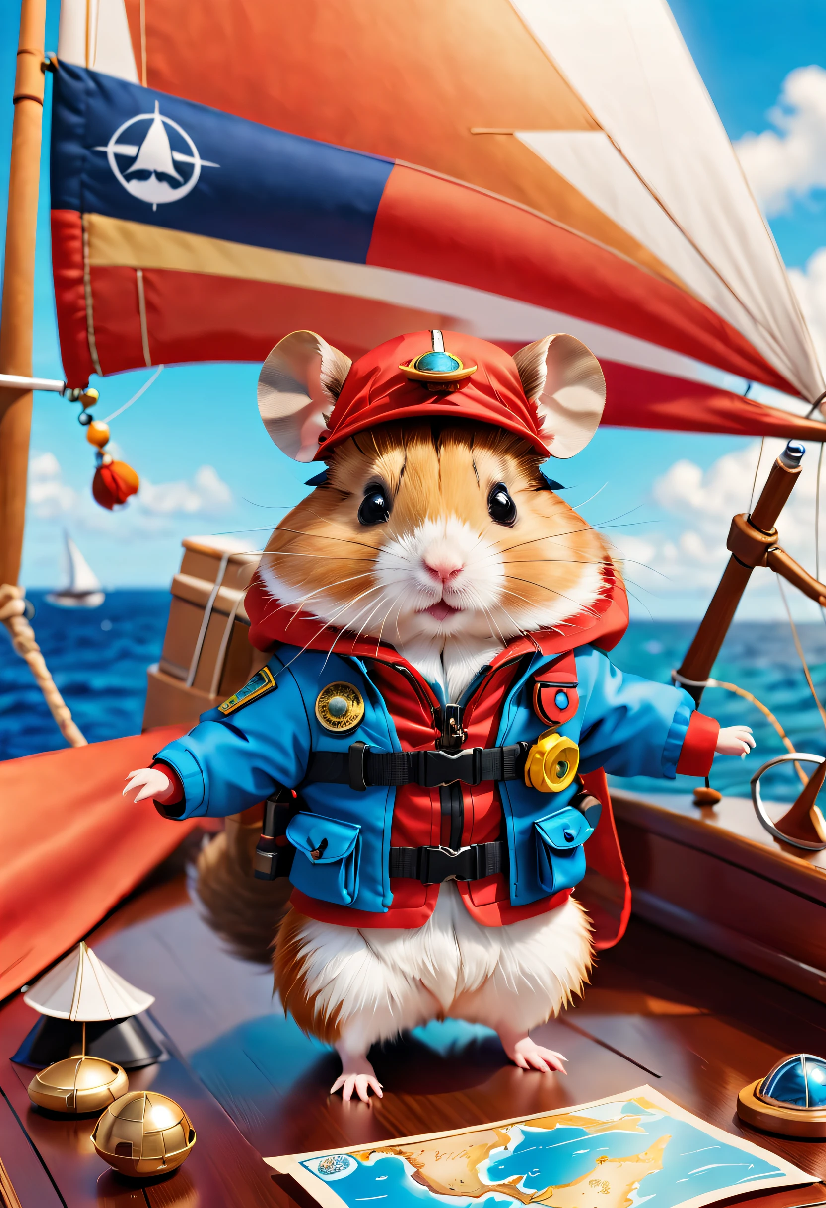 1 cute hamster adventurer。tas'Wearing a bright red adventure suit,Jacket with badge and pockets,It's filled with all kinds of useful tools and food。Hamster wearing black adventure hat,There is a feather pinned to the brim of the hat,Looks stylish。 ((Hamster adventurer standing on a sailboat,Composed of blue airbag and wooden shell。The exterior of the spacecraft is beautifully decorated,Various mysterious symbols and patterns are drawn on it))。(Hamster standing on the deck of a spaceship,One hand holding a telescope,The other hand holds a map。Its expression is full of excitement and curiosity,His eyes sparkled with determination and courage。hamster'My hair was messed up by the sea breeze,The flag behind me is fluttering in the wind,Embroidered with an eagle with its back facing forward,Symbolizes bravery and freedom)。Costume animals page