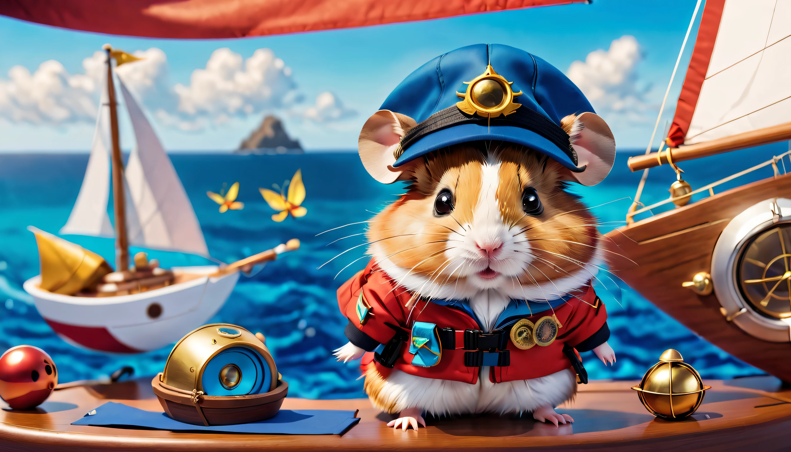 1 cute hamster adventurer。tas'Wearing a bright red adventure suit,Jacket with badge and pockets,It's filled with all kinds of useful tools and food。Hamster wearing black adventure hat,There is a feather pinned to the brim of the hat,Looks stylish。 ((Hamster adventurer standing on a sailboat,Composed of blue airbag and wooden shell。The exterior of the spacecraft is beautifully decorated,Various mysterious symbols and patterns are drawn on it))。(Hamster standing on the deck of a spaceship,One hand holding a telescope,The other hand holds a map。Its expression is full of excitement and curiosity,His eyes sparkled with determination and courage。hamster'My hair was messed up by the sea breeze,The flag behind me is fluttering in the wind,Embroidered with an eagle with its back facing forward,Symbolizes bravery and freedom)。Costume animals page