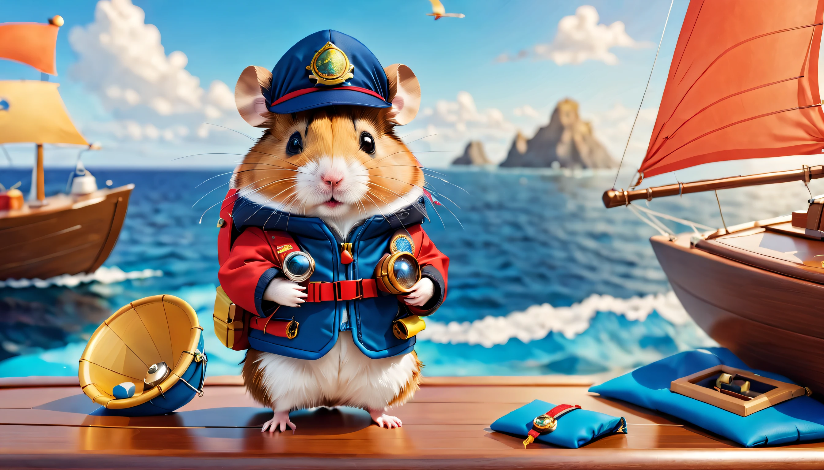 1 cute hamster adventurer。tas'Wearing a bright red adventure suit,Jacket with badge and pockets,It's filled with all kinds of useful tools and food。Hamster wearing black adventure hat,There is a feather pinned to the brim of the hat,Looks stylish。 ((Hamster adventurer standing on a sailboat,Composed of blue airbag and wooden shell。The exterior of the spacecraft is beautifully decorated,Various mysterious symbols and patterns are drawn on it))。(Hamster standing on the deck of a spaceship,One hand holding a telescope,The other hand holds a map。Its expression is full of excitement and curiosity,His eyes sparkled with determination and courage。hamster'My hair was messed up by the sea breeze,The flag behind me is fluttering in the wind,Embroidered with an eagle with its back facing forward,Symbolizes bravery and freedom)。Costume animals page