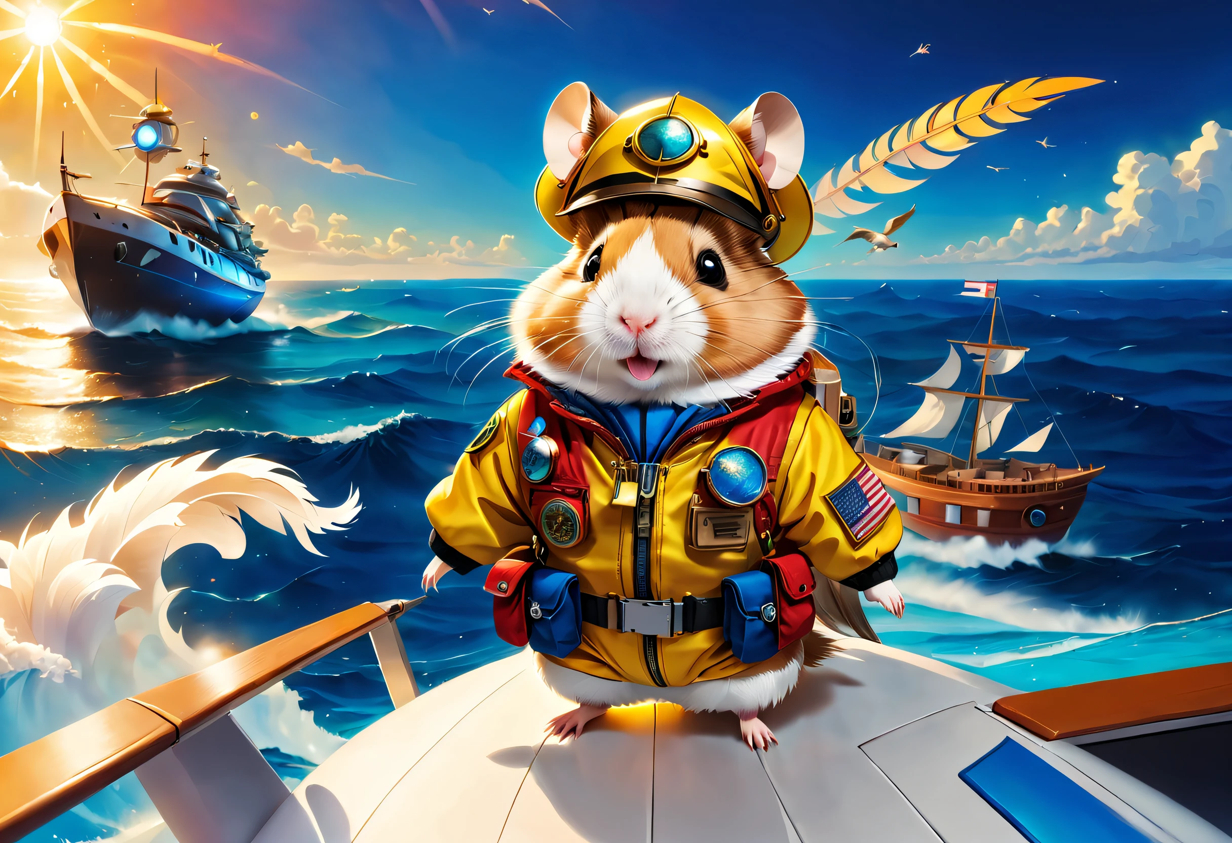 (1 cute hamster adventurer。tas'Wearing a bright red adventure suit,Jacket with badge and pockets,It's filled with all kinds of useful tools and food。Hamster wearing black adventure hat,There is a feather pinned to the brim of the hat,Looks stylish)。
((The hamster adventurer stands on a ship named"Dutch"on spaceship,This is a huge aircraft carrier,Composed of blue airbag and metal shell。The exterior of the spacecraft is beautifully decorated,Various mysterious symbols and patterns are drawn on it,Gives people a magical and ancient feel。A stream of blue jet flames erupted from the tail of the spacecraft.,Let it fly in the air))。((A spaceship is flying over the Caribbean Sea,Surrounded by clear blue water and endless blue sky。You can see the waves below the spaceship shimmering with white foam in the sunlight,Seagulls hover in the air,It seems to be guiding the course。space ship'Windows give off a warm yellow glow,Show the fiery energy inside the hamster adventurer))。(Hamster standing on the deck of a spaceship,One hand holding a telescope,The other hand holds a map。Its expression is full of excitement and curiosity,His eyes sparkled with determination and courage。hamster'My hair was messed up by the sea breeze,The flag behind me is fluttering in the wind,Embroidered with an eagle with its back facing forward,Symbolizes bravery and freedom)。The whole picture is full of adventure,It makes people imagine that the hamster adventurer is about to embark on a thrilling journey。It will search for lost treasures in the Caribbean,Fight against pirates,Travel through the mysterious island,Experience endless adventure and adventure。Costume animals page