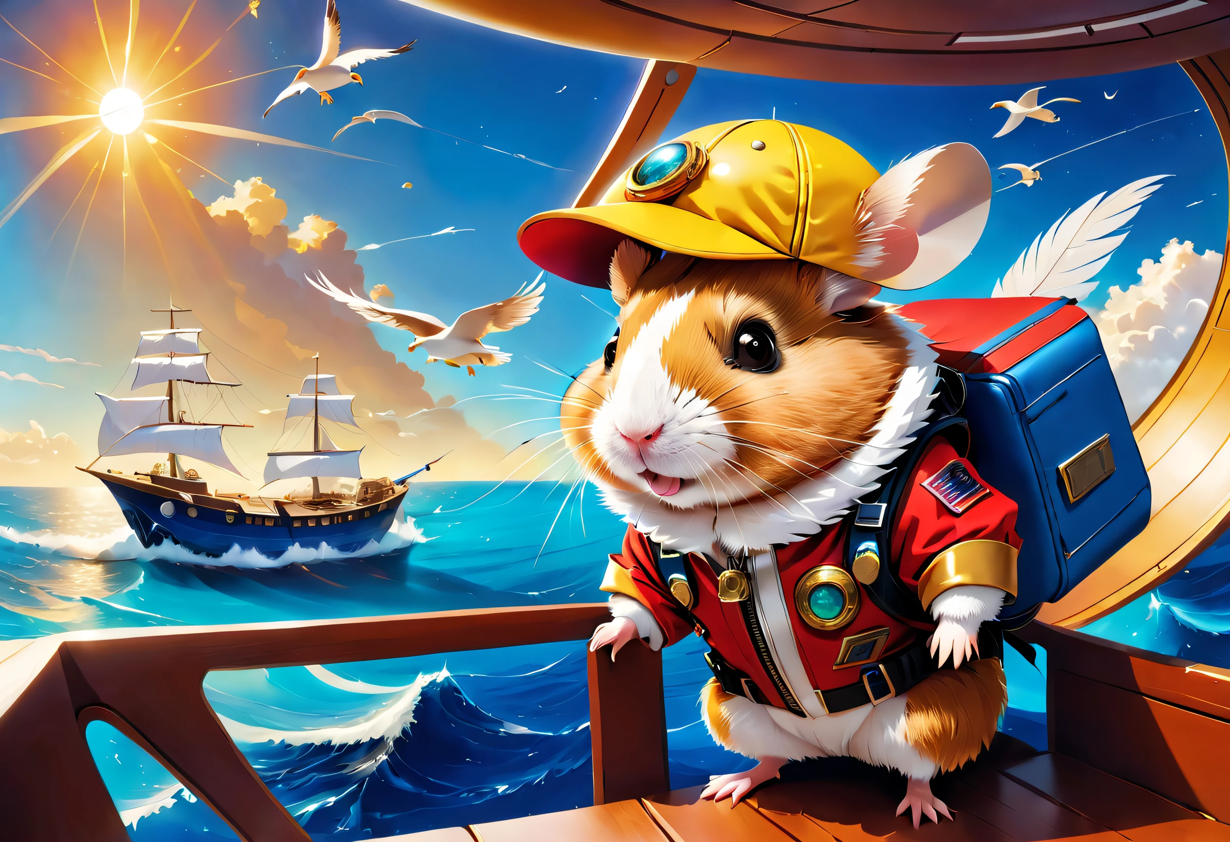 (1 cute hamster adventurer。tas'Wearing a bright red adventure suit,Jacket with badge and pockets,It's filled with all kinds of useful tools and food。Hamster wearing black adventure hat,There is a feather pinned to the brim of the hat,Looks stylish)。
((The hamster adventurer stands on a ship named"Dutch"on spaceship,This is a huge aircraft carrier,Composed of blue airbag and metal shell。The exterior of the spacecraft is beautifully decorated,Various mysterious symbols and patterns are drawn on it,Gives people a magical and ancient feel。A stream of blue jet flames erupted from the tail of the spacecraft.,Let it fly in the air))。((A spaceship is flying over the Caribbean Sea,Surrounded by clear blue water and endless blue sky。You can see the waves below the spaceship shimmering with white foam in the sunlight,Seagulls hover in the air,It seems to be guiding the course。space ship'Windows give off a warm yellow glow,Show the fiery energy inside the hamster adventurer))。(Hamster standing on the deck of a spaceship,One hand holding a telescope,The other hand holds a map。Its expression is full of excitement and curiosity,His eyes sparkled with determination and courage。hamster'My hair was messed up by the sea breeze,The flag behind me is fluttering in the wind,Embroidered with an eagle with its back facing forward,Symbolizes bravery and freedom)。The whole picture is full of adventure,It makes people imagine that the hamster adventurer is about to embark on a thrilling journey。It will search for lost treasures in the Caribbean,Fight against pirates,Travel through the mysterious island,Experience endless adventure and adventure。Costume animals page