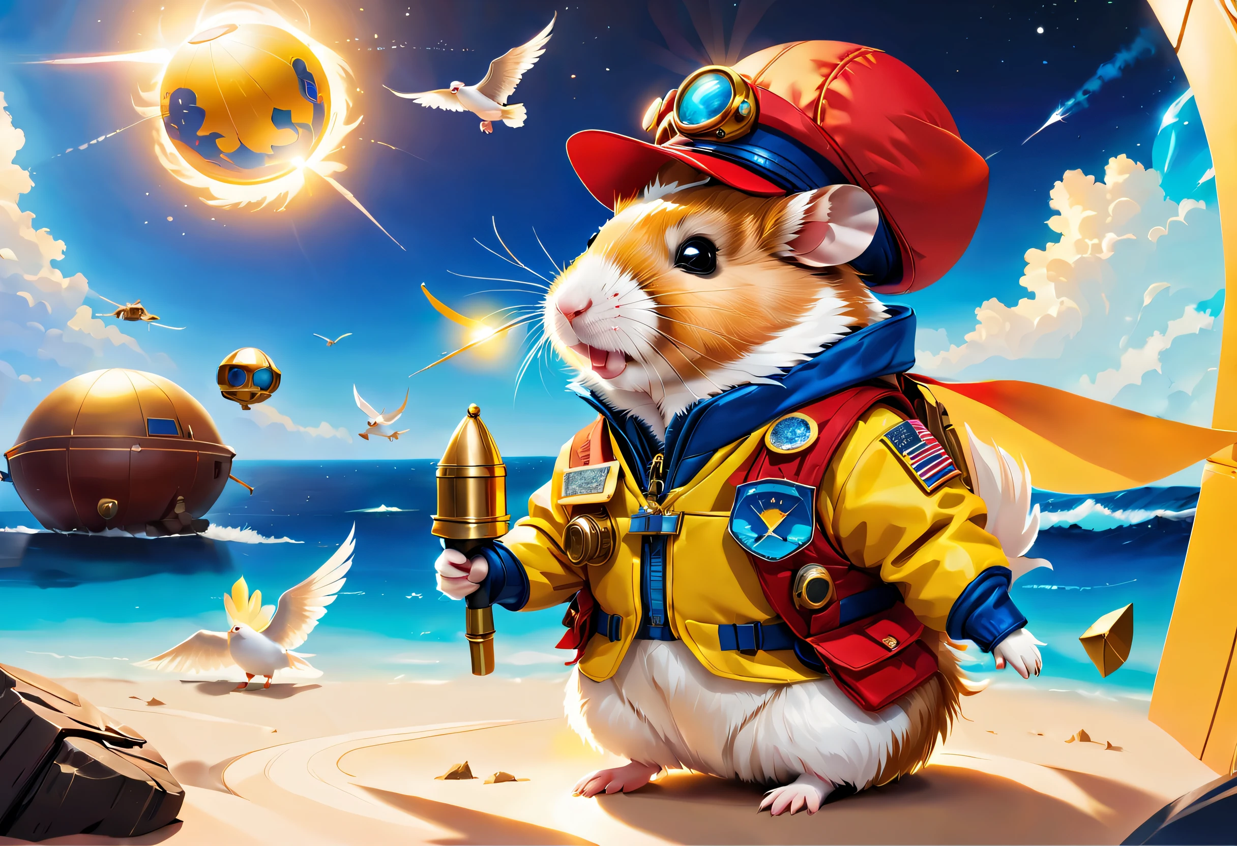 (1 cute hamster adventurer。tas'Wearing a bright red adventure suit,Jacket with badge and pockets,It's filled with all kinds of useful tools and food。Hamster wearing black adventure hat,There is a feather pinned to the brim of the hat,Looks stylish)。
((The hamster adventurer stands on a ship named"Dutch"on spaceship,This is a huge aircraft carrier,Composed of blue airbag and metal shell。The exterior of the spacecraft is beautifully decorated,Various mysterious symbols and patterns are drawn on it,Gives people a magical and ancient feel。A stream of blue jet flames erupted from the tail of the spacecraft.,Let it fly in the air))。((A spaceship is flying over the Caribbean Sea,Surrounded by clear blue water and endless blue sky。You can see the waves below the spaceship shimmering with white foam in the sunlight,Seagulls hover in the air,It seems to be guiding the course。space ship'Windows give off a warm yellow glow,Show the fiery energy inside the hamster adventurer))。(Hamster standing on the deck of a spaceship,One hand holding a telescope,The other hand holds a map。Its expression is full of excitement and curiosity,His eyes sparkled with determination and courage。hamster'My hair was messed up by the sea breeze,The flag behind me is fluttering in the wind,Embroidered with an eagle with its back facing forward,Symbolizes bravery and freedom)。The whole picture is full of adventure,It makes people imagine that the hamster adventurer is about to embark on a thrilling journey。It will search for lost treasures in the Caribbean,Fight against pirates,Travel through the mysterious island,Experience endless adventure and adventure。Costume animals page