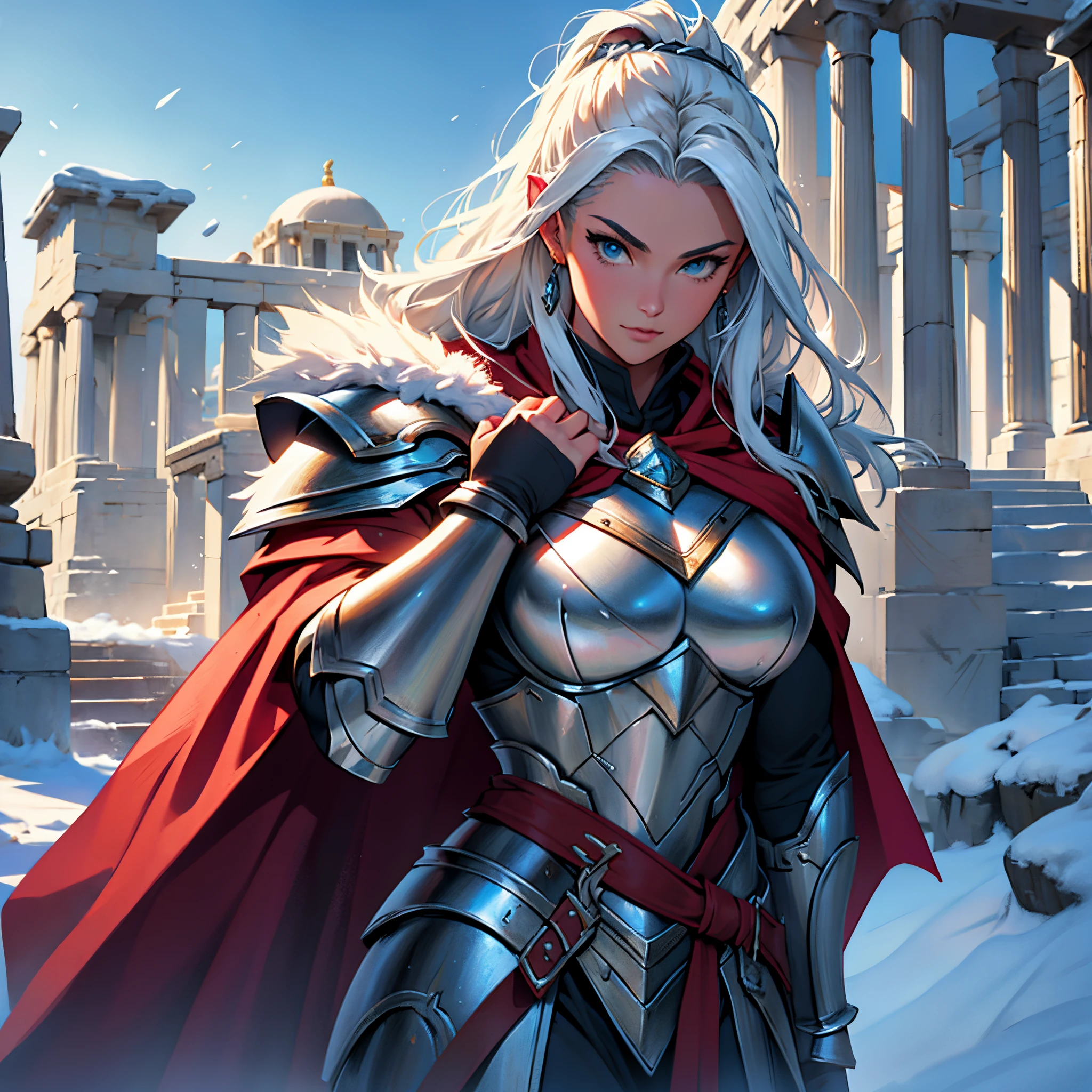 masterpiece, Best Quality, 4k, Background with:In front of the snow-covered stairs of a Greek temple with snow-capped mountains in the distance, One female Valkyrie warrior wearing silver armor and dark red cape, super saiyan head, Fantasy, close up portrait photo