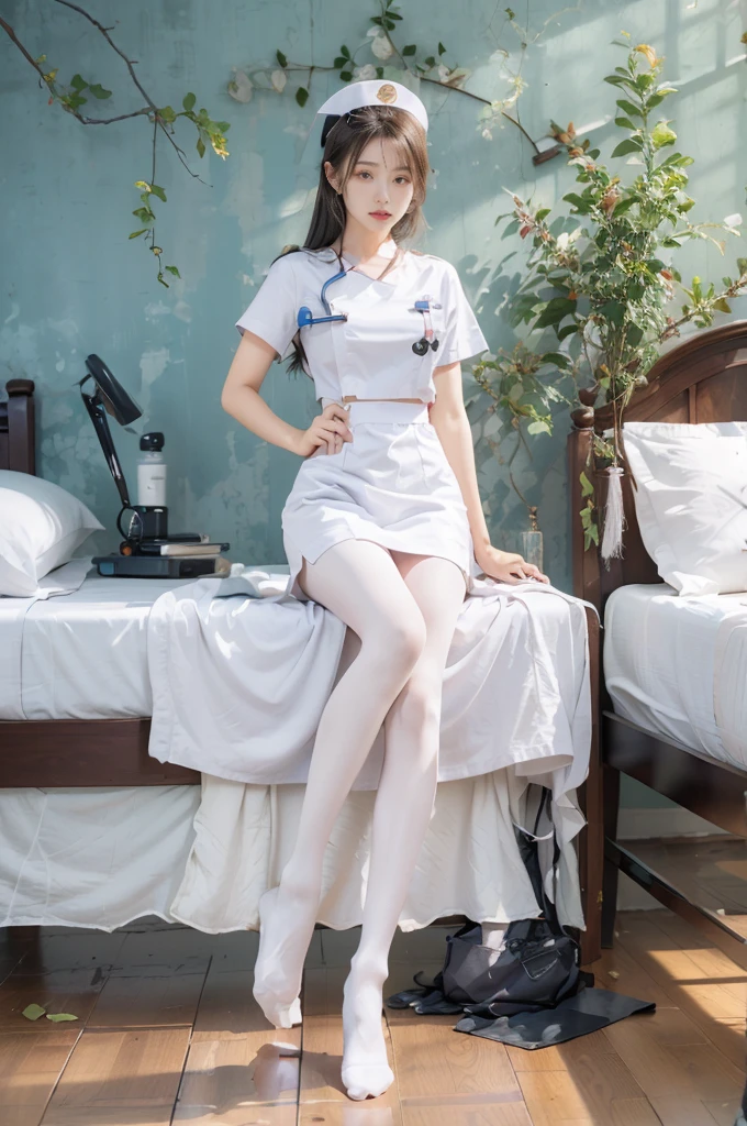nurse's outfit,White ass pantyhose,White stockings,Thick white pantyhose,thick white dance socks,without wearing shoes,Colossal tits,Upturned buttocks,super detailing,hyper HD,A high resolution,1080p,Anatomically correct,acurate,body coordination,Portrait photos,Slender thighs,Delicatemakeup,Best quality at best, tmasterpiece, 超A high resolution, RAW photogr, Beautiful and beautiful,deepshadow, (realisticlying:1.4), full-body composition, Striking perspective.barechested
