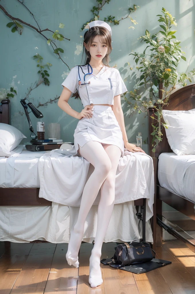 nurse's outfit,White ass pantyhose,White stockings,Thick white pantyhose,thick white dance socks,without wearing shoes,Colossal tits,Upturned buttocks,super detailing,hyper HD,A high resolution,1080p,Anatomically correct,acurate,body coordination,Portrait photos,Slender thighs,Delicatemakeup,Best quality at best, tmasterpiece, 超A high resolution, RAW photogr, Beautiful and beautiful,deepshadow, (realisticlying:1.4), full-body composition, Striking perspective.barechested