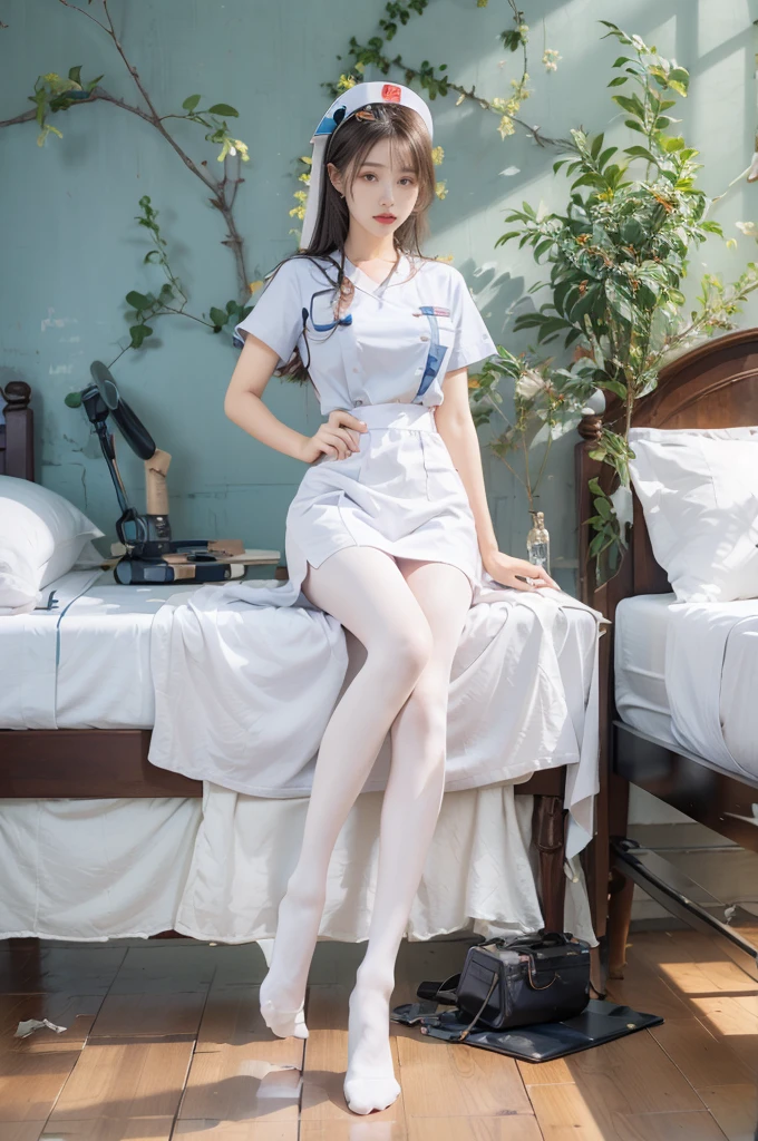 nurse's outfit,White ass pantyhose,White stockings,Thick white pantyhose,thick white dance socks,without wearing shoes,Colossal tits,Upturned buttocks,super detailing,hyper HD,A high resolution,1080p,Anatomically correct,acurate,body coordination,Portrait photos,Slender thighs,Delicatemakeup,Best quality at best, tmasterpiece, 超A high resolution, RAW photogr, Beautiful and beautiful,deepshadow, (realisticlying:1.4), full-body composition, Striking perspective.barechested