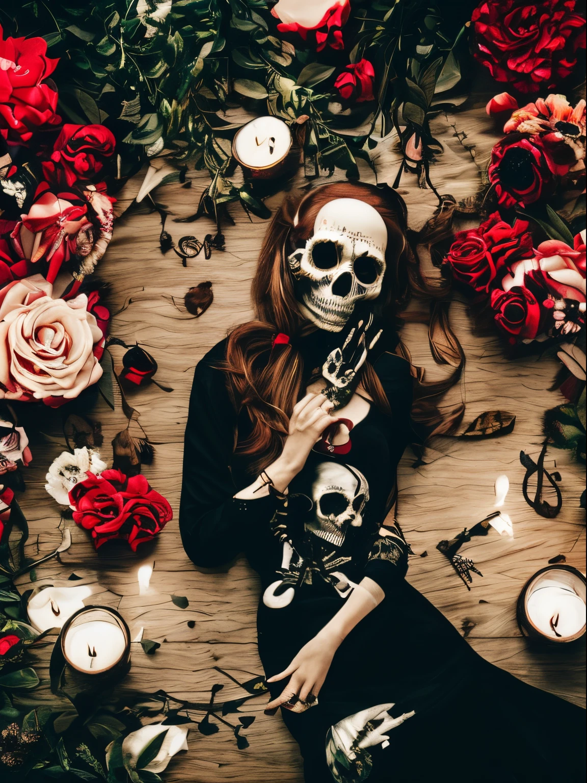 masterpiece, best quality, intricately detailed, a woman, beautiful, elegant, smile, blood, iridescent long hair, bangs, skirt, shirt, long sleeves, frills, shoes, (red and black:1.4), flower, creepy, horror, skulls, long hair, black hair, candle, hair flower, solo, hair ornament, bone, sitting, doll, skull, horror (theme)