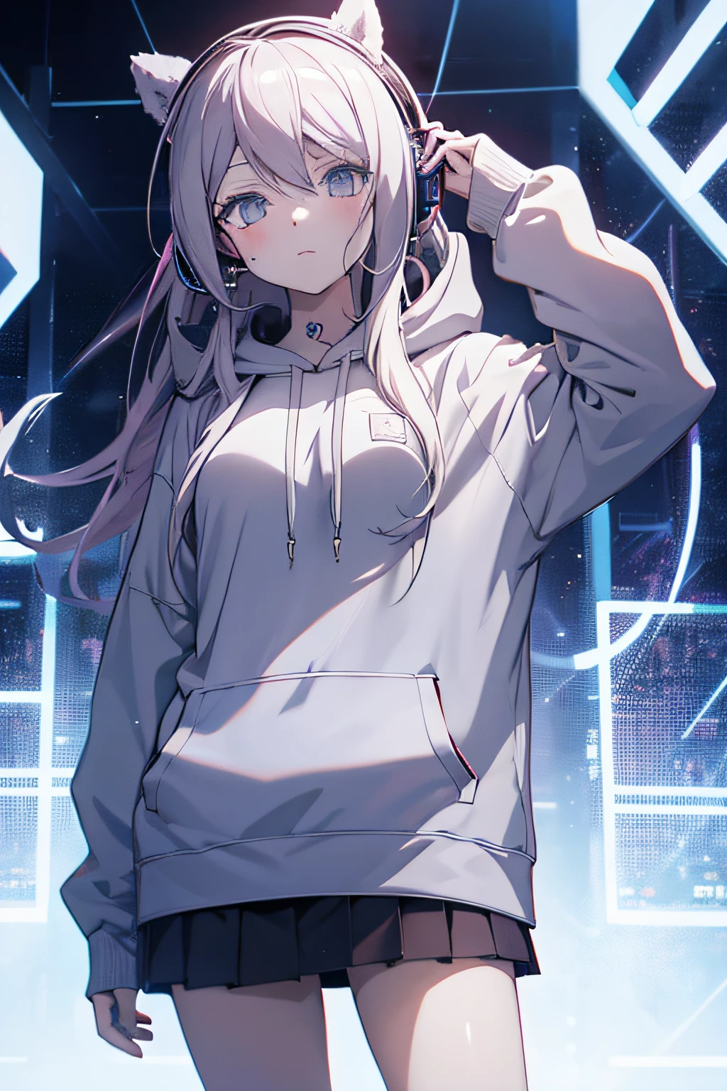 anime girl with headphones and a hoodie in front of a grid, anime style 4 k, nightcore, best anime 4k konachan wallpaper, anime vibes, digital art from danganronpa, anime style. 8k, by Ei-Q, anime moe artstyle, unknown artstyle, anime styled digital art, digital art on pixiv