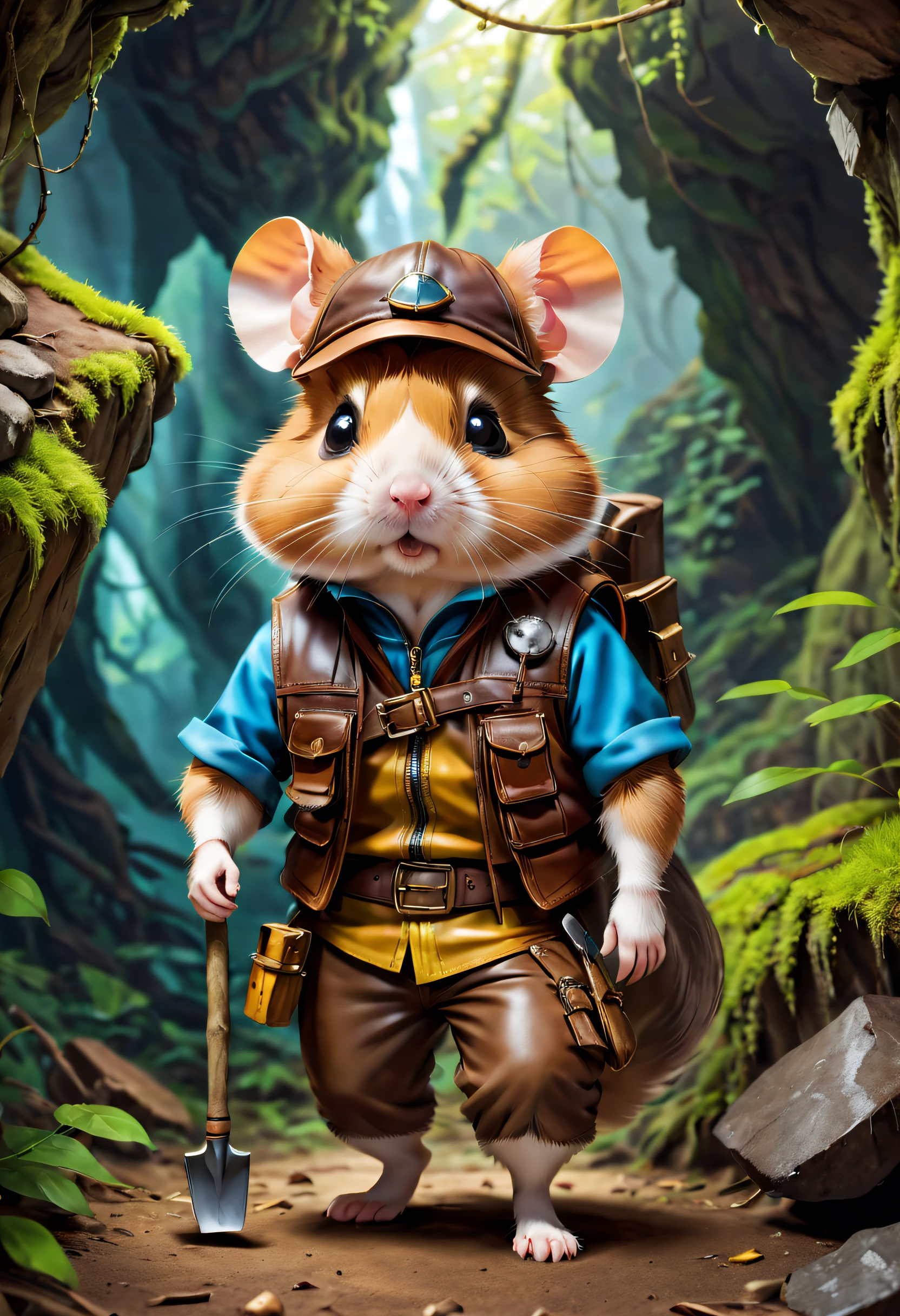 a high cave，surrounded by moss and branches。In a corner of the cave，you can see a little hamster，Wearing a dark brown leather vest，Wearing an old adventure hat，Holding an old shovel in hand。

hamster&#39;s&#39; expression is full of adventurous spirit，He seems to be looking for some kind of precious treasure。You can see the excitement and curiosity on his face，Eyes sparkling with wisdom and courage。his ears perked up，As if listening to the sounds around me，Be ready for any challenge。

His leather vest has many pockets，There are various tools and food inside，in case of。His shovel looks like&#39;has been used many times，but still sharp。Hamster’s hair is short and neat，Sparkling，Looks healthy。

Behind him，you can see a narrow passage，Leading to deeper caves。tas&#39;Full of mystery and unknowns，Hamster seems ready for the challenge，Explore this wonderful world。

The whole picture is full of adventure，Give people courage and the urge to explore。It makes you imagine that you too can be a brave explorer，Go explore this mysterious cave。