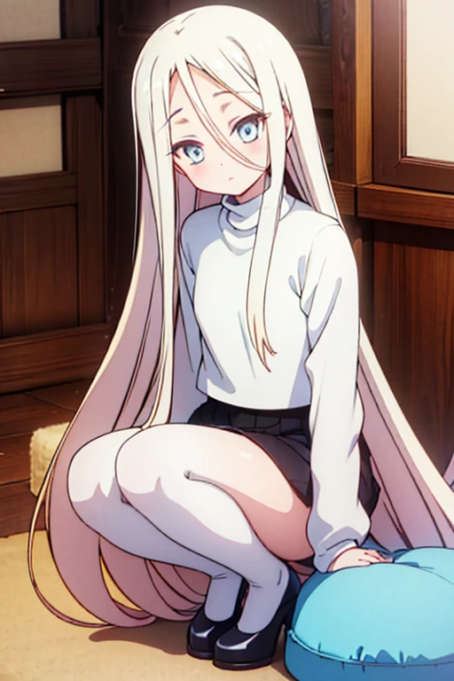 A young, slim, and very petite woman with long yellow hair, bangs across her forehead, bright blue eyes, wearing a white turtleneck wool sweater, a black mini skirt, white stockings, and delicate heels. Her clothing feels soft against her skin. This description is a masterpiece, high-quality, and in high resolution. The woman is alone, and her cosmetics express a sense of happiness.