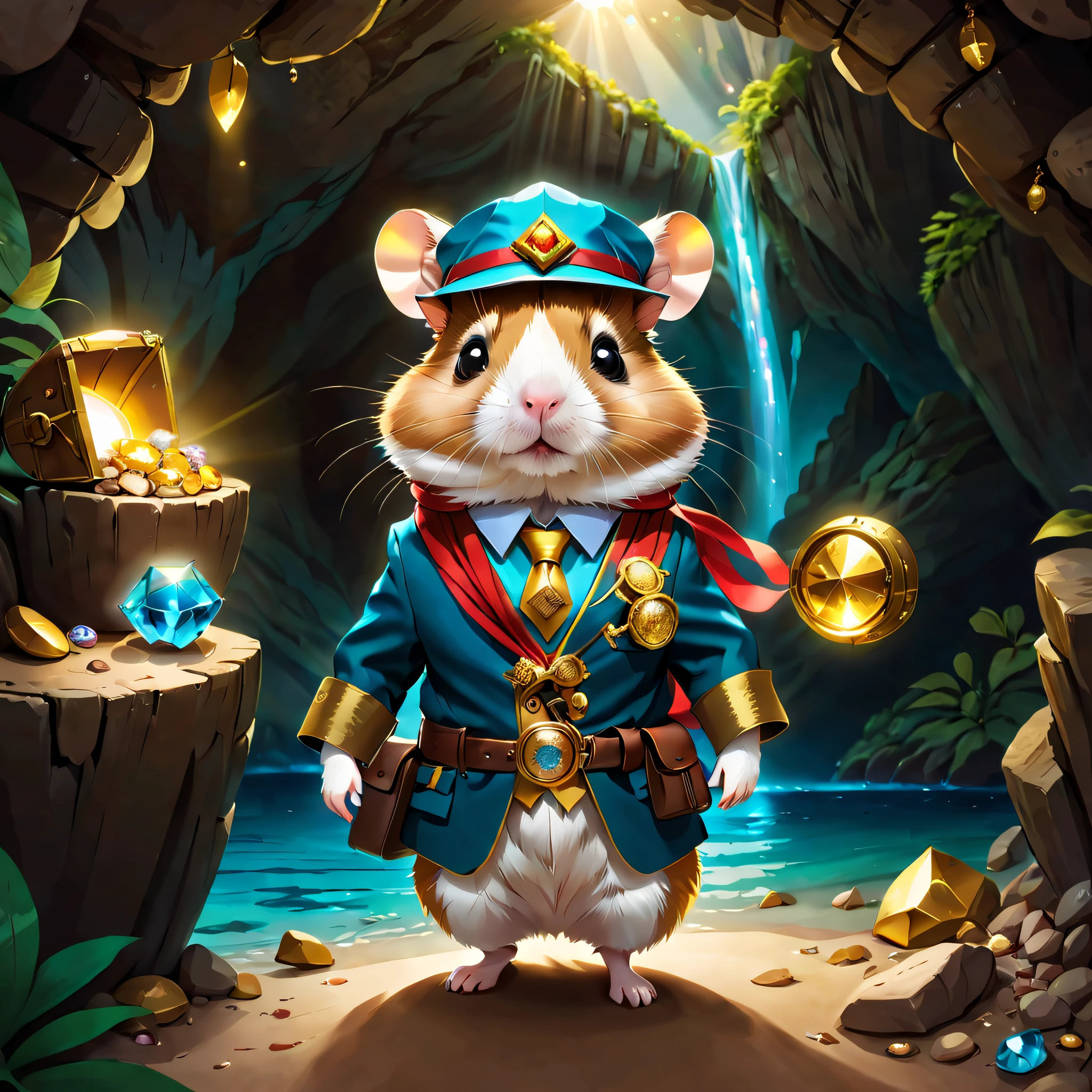 1 cute hamster adventurer walks into a dark cave，A faint ray of sunlight shines through the gap in the suit，Wear a custom adventurer outfit. The outfit also has small pockets，Allowed to bring necessary tools and food, Wearing a wide-brimmed straw hat，Tie a bright silk scarf，Embroidered with a gold expedition badge，It symbolizes courage and adventurous spirit，The cave is filled with an ancient atmosphere，The walls are covered with sparkling crystals，Go deeper into the cave, Hamster adventurer discovers a hidden passage，The walls of the passage are inlaid with pearls of strange shapes，Exudes a soft scent，Go through the passage carefully，I vaguely heard the sound of running water.，Stunning underground waterfalls。 Waterfalls cascade from towering rock walls，A pool of crystal clear water is formed。Swimming pool glows blue，There seems to be endless treasure hidden，Explore underwater islands made of pearls and gems， There is an exquisite treasure chest on the island，Set with sparkling diamonds。Hamster adventurer carefully opens treasure chest，Found filled with glittering gems and gold coins。 (电影灯光, first person perspective, angle of view, in a panoramic view, ultra-wide-angle, hyper HD, Anatomically correct, tmasterpiece, Acura, Award-Awarded, Best quality)，Costume animals page