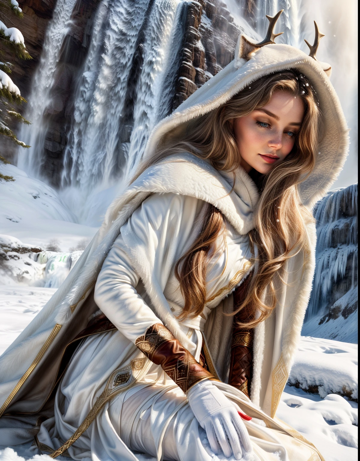 (a woman in a white dress+), (sitting with a deer in the snow, put the deer down&#39;head on side+++), (((graceful horns on the head))), ((((((the deerskin cape falls from his hands+++++, smoothly turns into snowdrifts )))))), Fantasy photography, fantasy matte painting, ((((Volume++)))), lost in a dreamy fairy landscape, The White Witch, Young woman with horns, beautiful nordic woman, with a white deer, Realistic fantasy, photograph of pale ivory skin