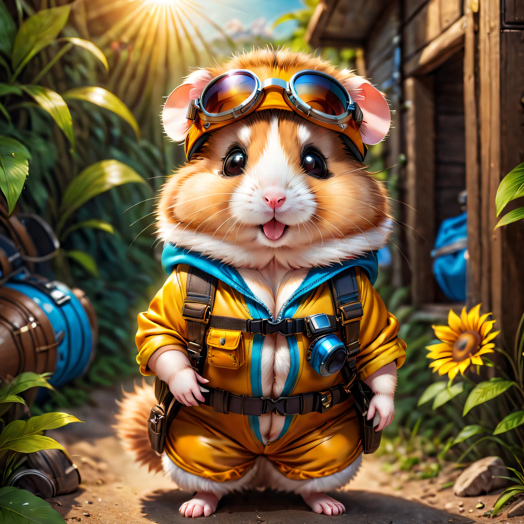 1 cute hamster adventurer, HD picture,((RAW photos)),((Best quality)),Full body lesbian,(realisticlying:1.3),(tmasterpiece),Wear adventurer clothes and gear，wearing goggles,sun glasses,There is cleavage,围巾,hairy pubic hair,jumpsuit,Cartoons,4K,A lot of detail,ssmile,cross-body bags,gradient backgrounds, Costume animals page