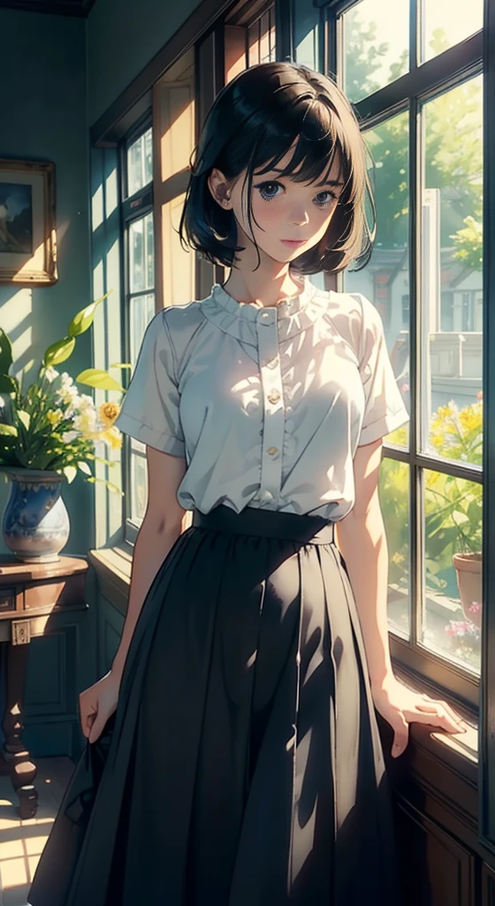 (Watercolor in Sargent style)、(top-quality、high-level image quality、​masterpiece)、(David Hamilton Style)、(softfocus)、Cinema Angle、ciinematic light、Soft light、(traditional british public school)、1girl in、17 age、A stunning、((Detailed depiction of beautiful faces))、((Anatomically accurate depiction of hands and fingers))、Short black hair、Crisp face、(detailed face depiction)、small tits、tiny chest、(classic one-piece uniform)、(long  skirt)、Open Windows、Standing on the windowsill、wind blowing from the window、Hair flutters、Side table、Flowers on the windowsill、Botanical Garden、Flower Shop、The table、florals、houseplant、 The tree、(classic vibes)、