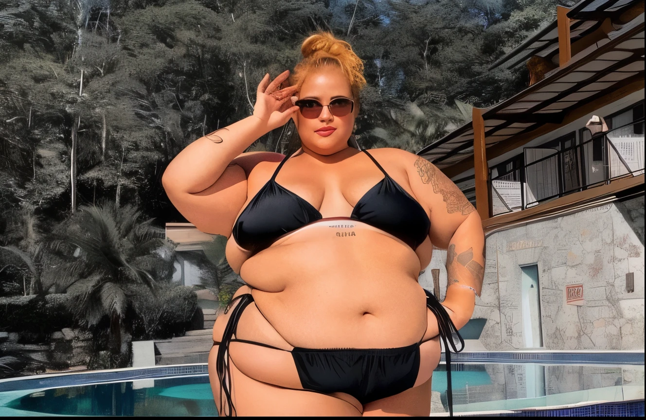 there is a woman in a bikini standing in front of a pool, ela tem uma barriga redonda gorda e agitada, wearing two - piece swimsuit, is wearing a swimsuit, full body shot in bikini, extremamente rechonchudo, mulher gorda, her belly is fat and round, thicc, in a bikini, Mulher de 30 anos de Cuba