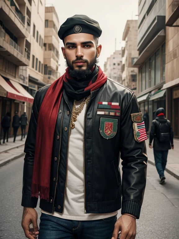 a man fashion jacket and Patch attribute flag Palestinian, face no beard, shawl flag palestinia , cap typical moslem, realistic photo high details vibe cinematic cozy on the street.