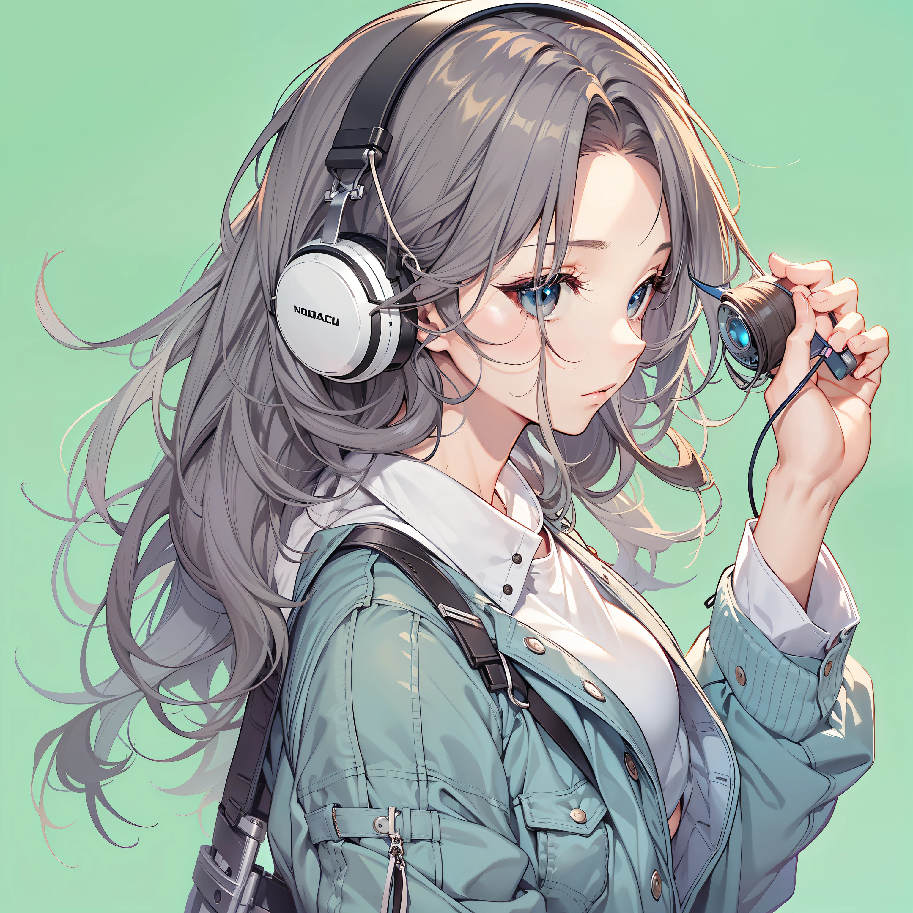 (top-quality、8K、32K、masterpiece、north african free trade area:1.2)、1 girl in、Beautiful Japanese woman、big chest and thin waist、tee shirt、jeans gray、、band、、Business suit、trouser、from back、live album house、Music、After falling in love with the sound、(stick out buttocks:1.2)、A detailed的the face、short detailed hair、voice、Notes fluttering、Earphone、Bright background、
