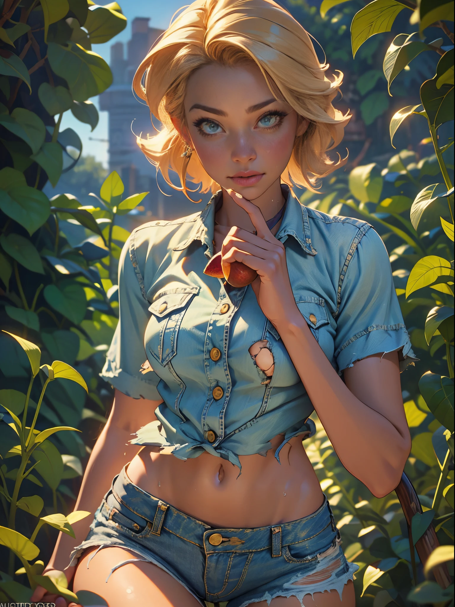 2076 year. The Urban Ruins of the Wasteland, Female huntress picking fruit in the garden, beautiful face, blonde, badly torn shirt and denim shorts , long legs, sweating through, sun rising, Nice warm colors, head to toe, full body shot, pretty hands, perfect fingers,