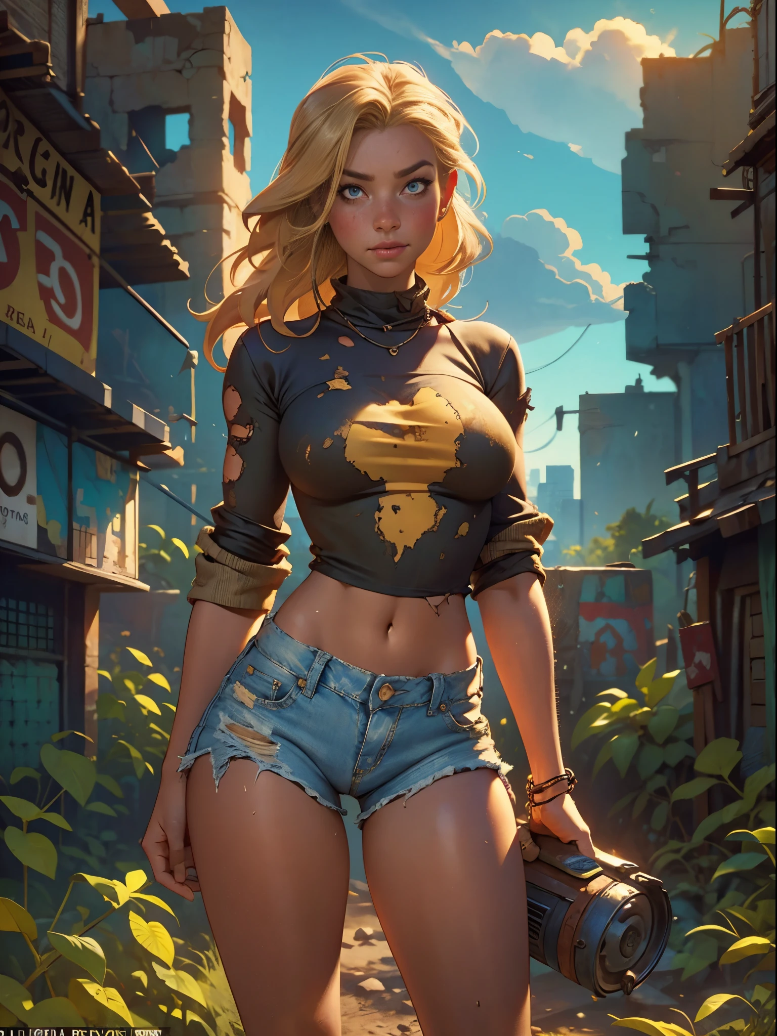 2076 year. The Urban Ruins of the Wasteland, Female huntress picking fruit in the garden, beautiful face, blonde, badly torn shirt and denim shorts ,  long legs, sweating through, sun rising, Nice warm colors, head to toe, full body shot, pretty hands, perfect fingers,