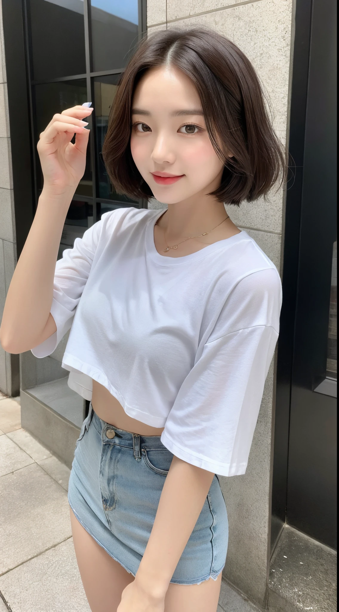 （（Best quality at best，8K，tmasterpiece：1.3）），Perfect beauty：1.4，Gluteus：1.2，（Layered Hair Style：1.2）），（the street：1.3），Highly Detailed Face and Skin Textur，Full body lesbian，Elaborate Eyes，二重まぶた，Whitening Skin，Short wave hair，Cute Korean beauty（with a round face：1.5），（Black  top，short  skirt：1.6）ssmile