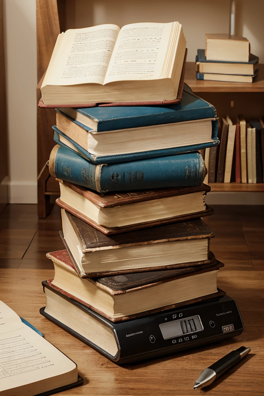 books on a scale to be weighed, bloco, caneta papel e calculadora