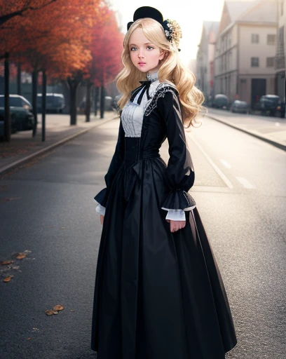 Realistic, 1girl, blonde girl, sophisticated feminine modest lolita fashion, long skirt, parted lips, blush, overcast, modest long skirt, hair, real, portrait, wavy hair, small breasts, modest feminine clothes, victorian gothic village, daytime, foggy, autumn, leaves on the floor