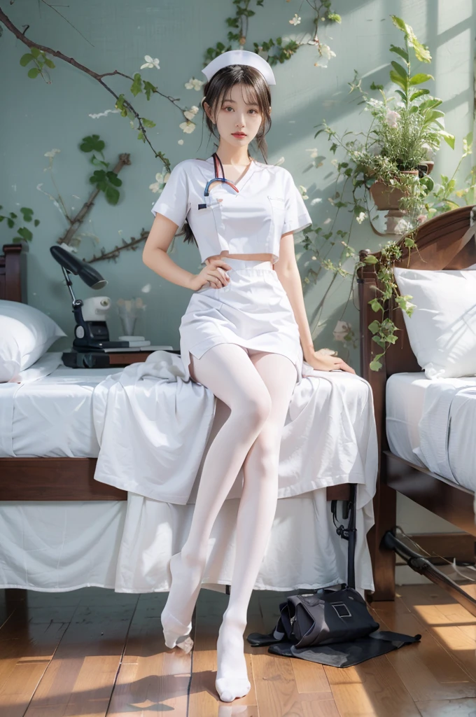 nurse's outfit，White ass pantyhose，White stockings，Thick white pantyhose，thick white dance socks，without wearing shoes，Colossal tits，hip is cocked，super detailing，hyper HD,A high resolution,1080p,Anatomically correct，Acura，body coordination，Portrait photos，slender thigh，Delicatemakeup，Best quality, tmasterpiece, 超A high resolution, RAW photos, Beautiful and beautiful,deepshadow, (realistically:1.4), full-body composition, Striking perspective.Shirtless