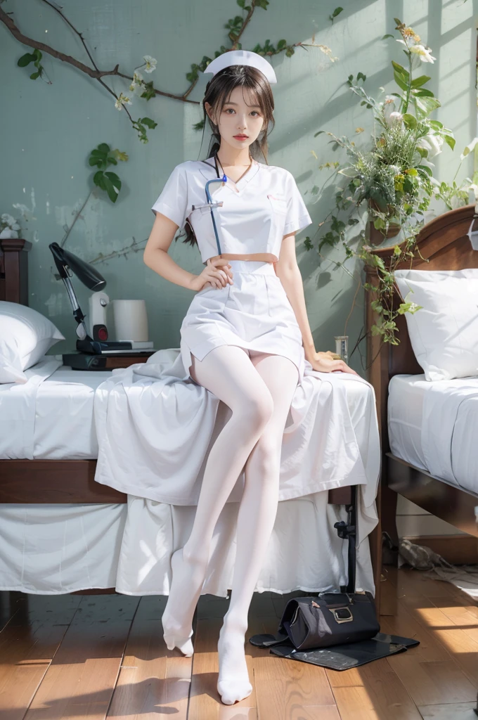 nurse's outfit,White ass pantyhose,White stockings,Thick white pantyhose,thick white dance socks,without wearing shoes,Colossal tits,hip is cocked,super detailing,hyper HD,A high resolution,1080p,Anatomically correct,Acura,body coordination,Portrait photos,slender thigh,Delicatemakeup,Best quality, tmasterpiece, 超A high resolution, RAW photos, Beautiful and beautiful,deepshadow, (realistically:1.4), full-body composition, Striking perspective.Shirtless