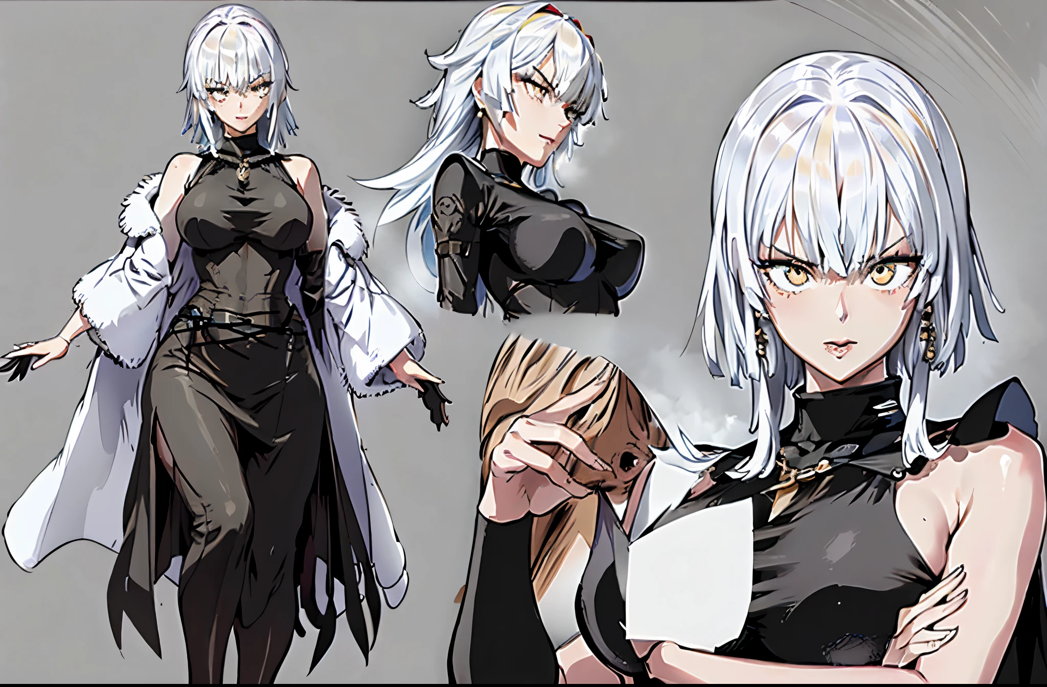 MultiView, beautiful, masterpiece, best quality, perfect lighting, reference sheet, model sheet, (multiple views, [from behind|from side|from front|close-up|upper body|portrait]:1.2), (monster girl:1.2), detailed hands and fingers, high quality, Fubuki (one punch man), iom, parkdona, puuna, black sweater, turtleneck, sleeveless, yellow skirt, plaid skirt, 1girl, black dress, long hair, large breasts, fur coat, masterpiece,best quality, looking at viewer, snow,, full body, female focus , smile, lines rich in thickness variation, anime girl with red glasses and a red dress, discord profile picture, artwork in the style of guweiz, guweiz, high quality portrait, 2 b, 2b, persona 5 art style wlop, detailed fanart, pixiv, from arknights, digital art on pixiv, trending on artstation pixiv, pixiv style, 20yo,Young female,Beautiful Finger,Beautiful long legs,Beautiful body, Beautiful Nose,Beautiful character design, perfect eyes, perfect face,expressive eyes,perfect balance, looking at viewer,(Focus on her face),closed mouth, (innocent_big_eyes:1.0),(Light_Smile:0.3), official art,extremely detailed CG unity 8k wallpaper, perfect lighting,Colorful, Bright_Front_face_Lighting,White skin, (masterpiece:1.0),(best_quality:1.0), ultra high res,4K,ultra-detailed, photography, 8K, HDR, highres, absurdres:1.2, Kodak portra 400, film grain, blurry background, bokeh:1.2, lens flare, (vibrant_color:1.2),professional photograph, (Beautiful,large_Breasts:1.4), (beautiful_face:1.5),(narrow_waist), Perky Breasts, a cartoon drawing of a woman in a bikini and a cape, thicc, oppai proportions, thick black lineart, cel - shaded art style, hands behind her body pose!, holding a pudica pose, cel shaded anime, covered nsfw huge breasts, small curvy waist, black-white skintight robes, reference sheet, model sheet, simple background,