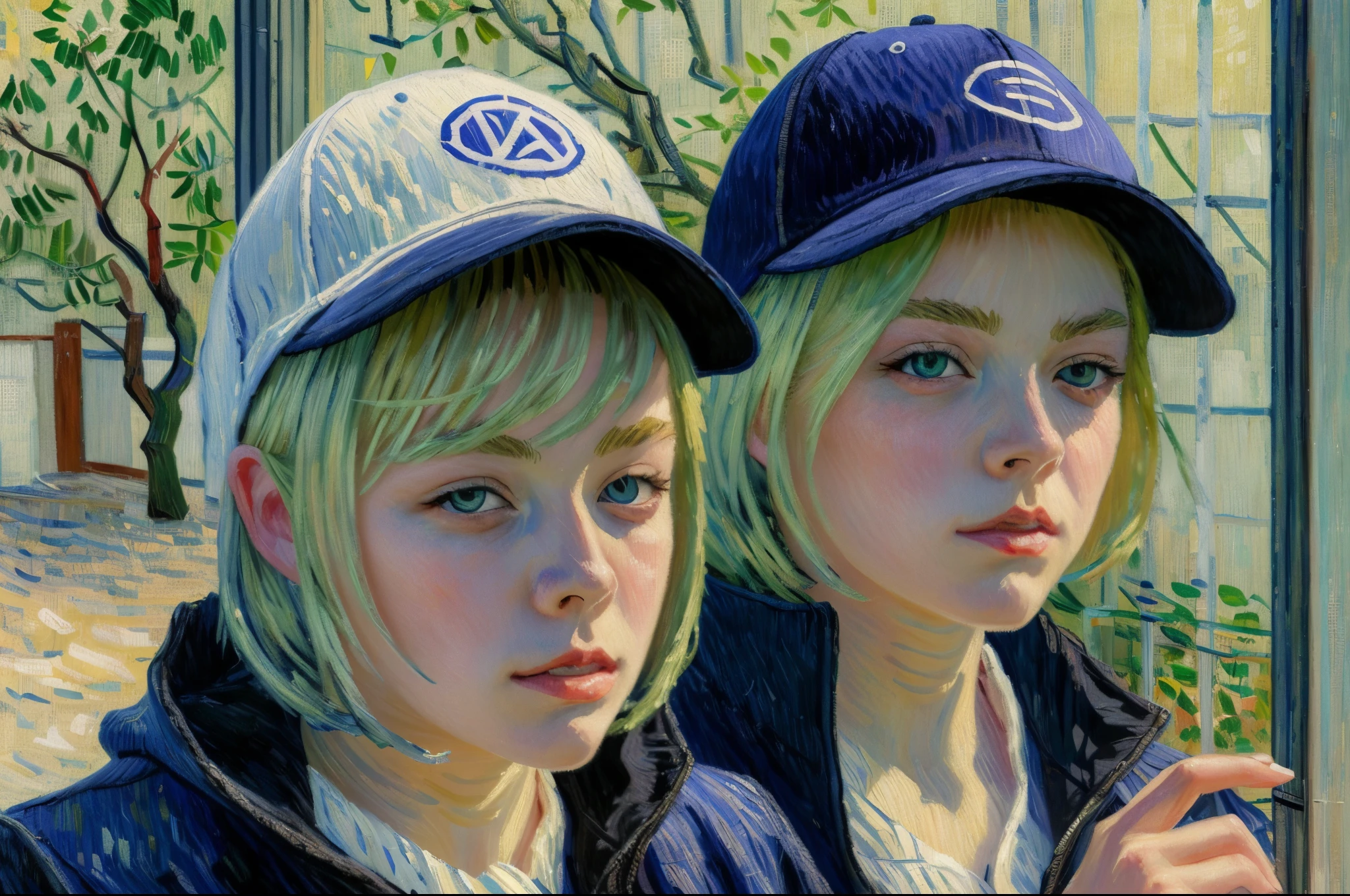 Masterpiece, Best Quality, 4k, UHD, mishoujo, painting, beautiful eyes and detailed face, illustartion, Beautiful detailed, high-resolution illustration, Glowing_White_Particles, 1girl, white colored hair, Light purple Eye, hair above one eye, Short detail, baseball cap,expressionless, Window curtain, black jacket, Chest, ciberpunk, techwear,(impressionism:1.4), Vincent van Gogh