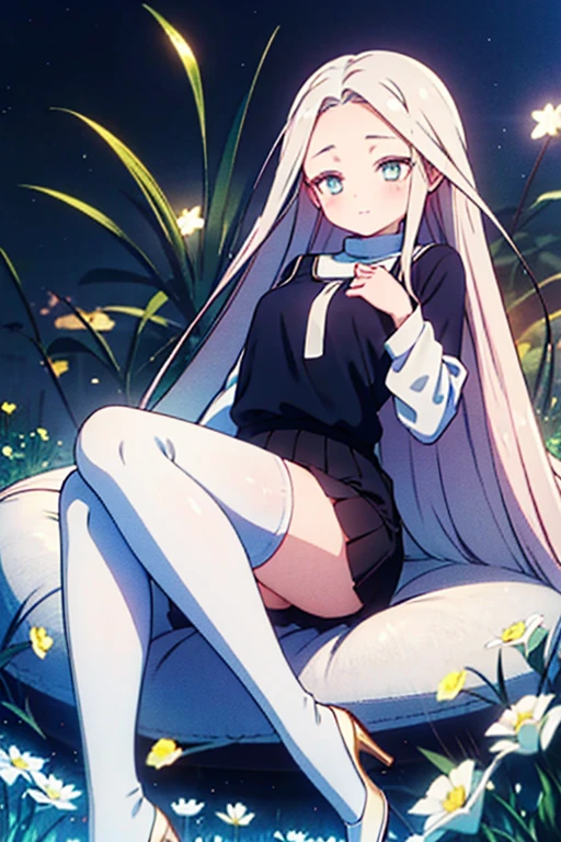 Young, slim, and very petite woman with long yellow hair, bangs across her forehead, bright blue eyes, wearing a white turtleneck wool sweater, a black mini skirt, white stockings, and delicate heels. Her clothing feels soft against her skin, and she has very long hair. This description is a masterpiece, high-quality, and in high resolution. The woman is alone, and her cosmetics express a sense of happiness. She is in the middle of a flowery field on a moonlit night with the moonlight illuminating the surroundings and many stars visible in the sky.