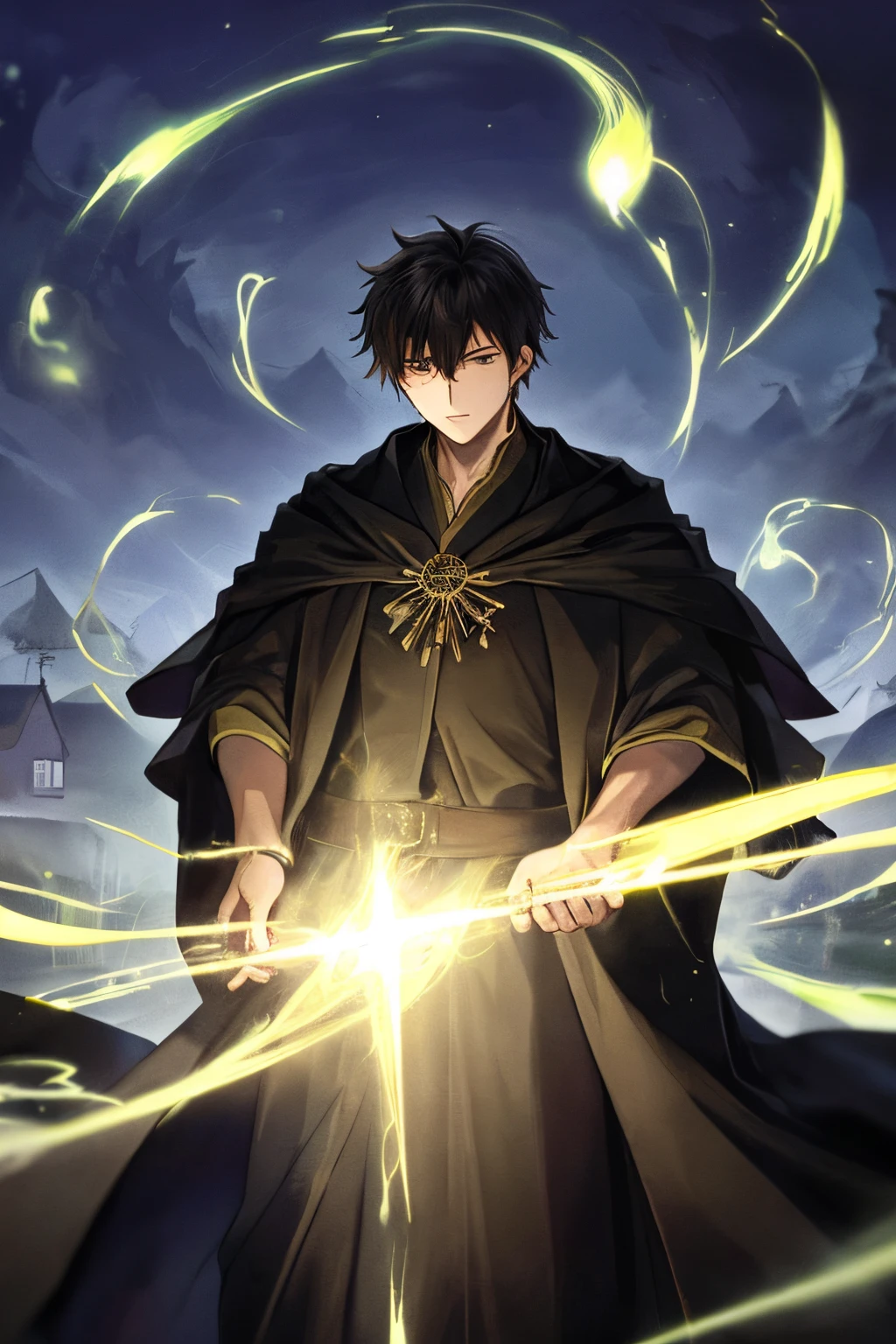 1male, wearing black robe, concentrating, surrounded by magical aura, protecting farm village behind him.