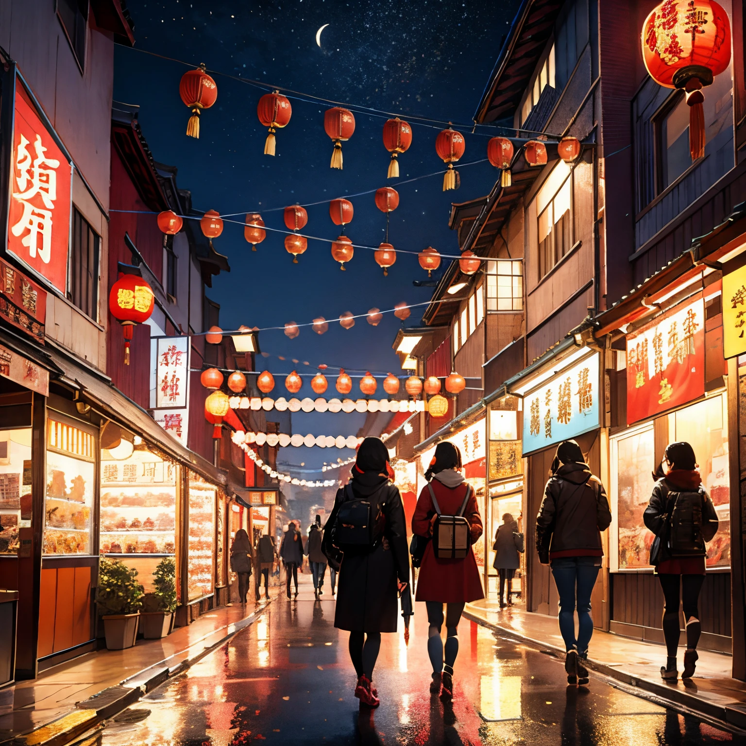 Street picture in CG game,Full of Chinese elements，The Lunar New Year is just around the corner，The festive atmosphere is strong，The style of medieval illustrations, Symbolic figurative landscapes, Light red and silver, Vintage poster design, Organic Art N...