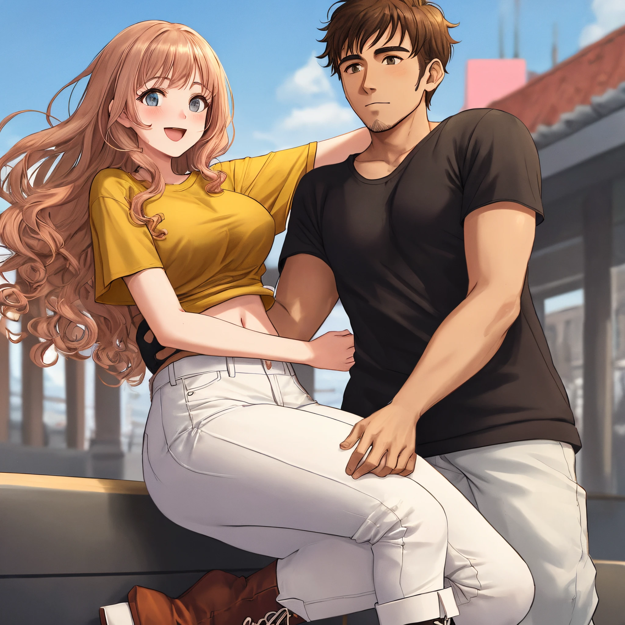Um casal sendo um homem de pele branca e barba grande na cor preta, vestindo uma camiseta de manga comprida rosa escuro, beige pants, touca marrom e sapato marrom. The woman hugging him, She has big black curly hair and is wearing a light pink knitted t-shirt., off white pants and off white boots. Ao fundo tem uma ponte com guarda-chuvas coloridos no topo