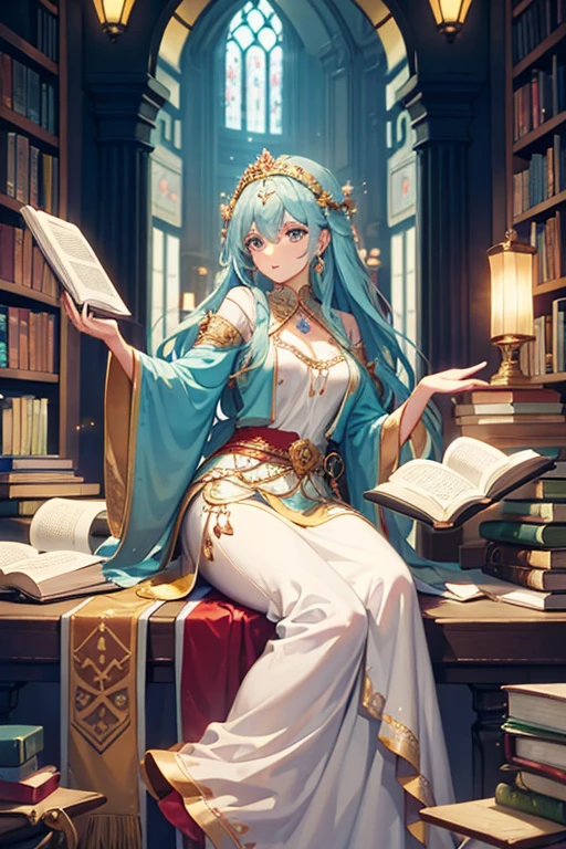 Goddess of wisdom, middle-aged, beautiful, fully clothed, royal clothes, books, library, knowledge, gentle, wise