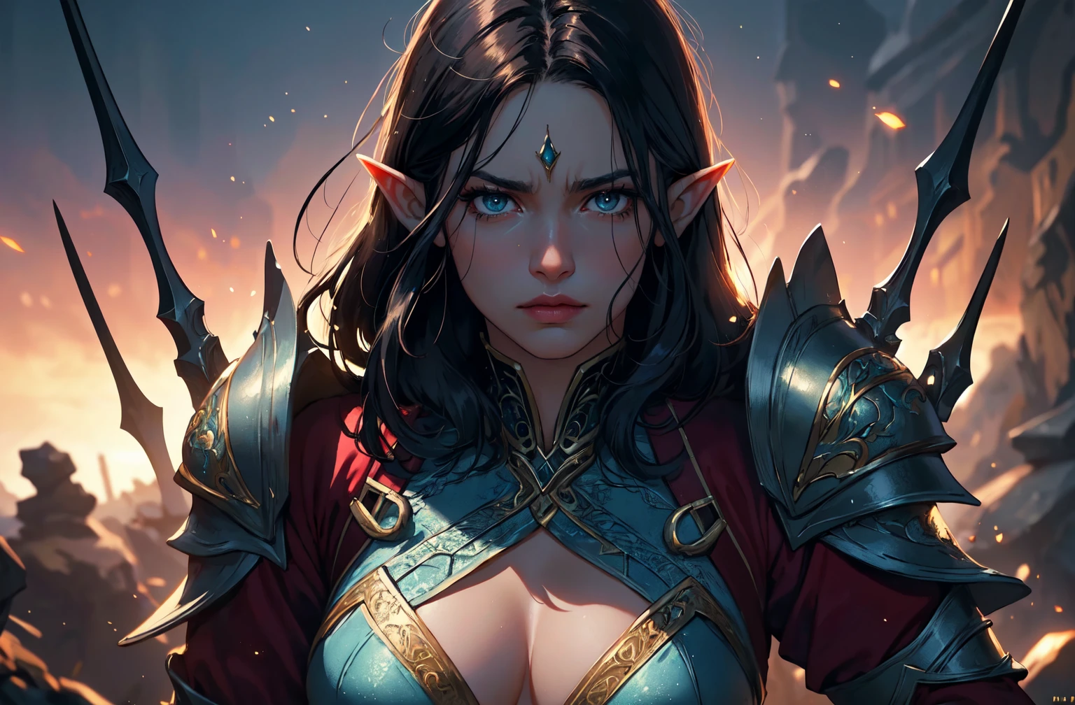 ((masterpiece)),(best quality), ((mature)) beautiful 1woman elf ranger, solo,((cinematic)), dynamic:1.2, intricate ((closed realistic)) armor, particles:1.2, (pastel:1.2), (black hair), (intricate cinematic background:1.2), (depth of field), (emotional face), fantasy, thriller, (Action movie), amazing, Powerful, Mysterious, ((dramatic scene from movie)), (scary)