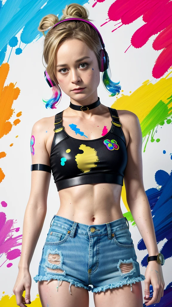 Brie Larson、masterpiece, top-quality, 1girl in, 独奏, croptop, Denim shorts, a choker, (doodle:1.5), Paint Splatter, arms behind back, Hitting a wall, Look at viewers, Armbands, Thigh strap, Paint on the body, tilt of the head, tedium, O cabelo multicolorido, Aqua Eye, headset on head,