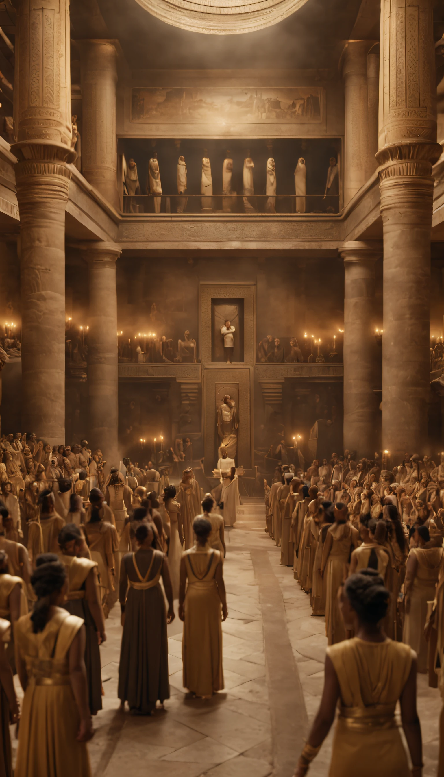 A cinematic scene portraying the 60 daughters of Ramesses the Great gathered in a grand hall, each daughter wearing distinctive attire, capturing the diversity and regal atmosphere of the assembly, Realistic 4K cinematic rendering, utilizing dynamic lighting to enhance the richness of the setting