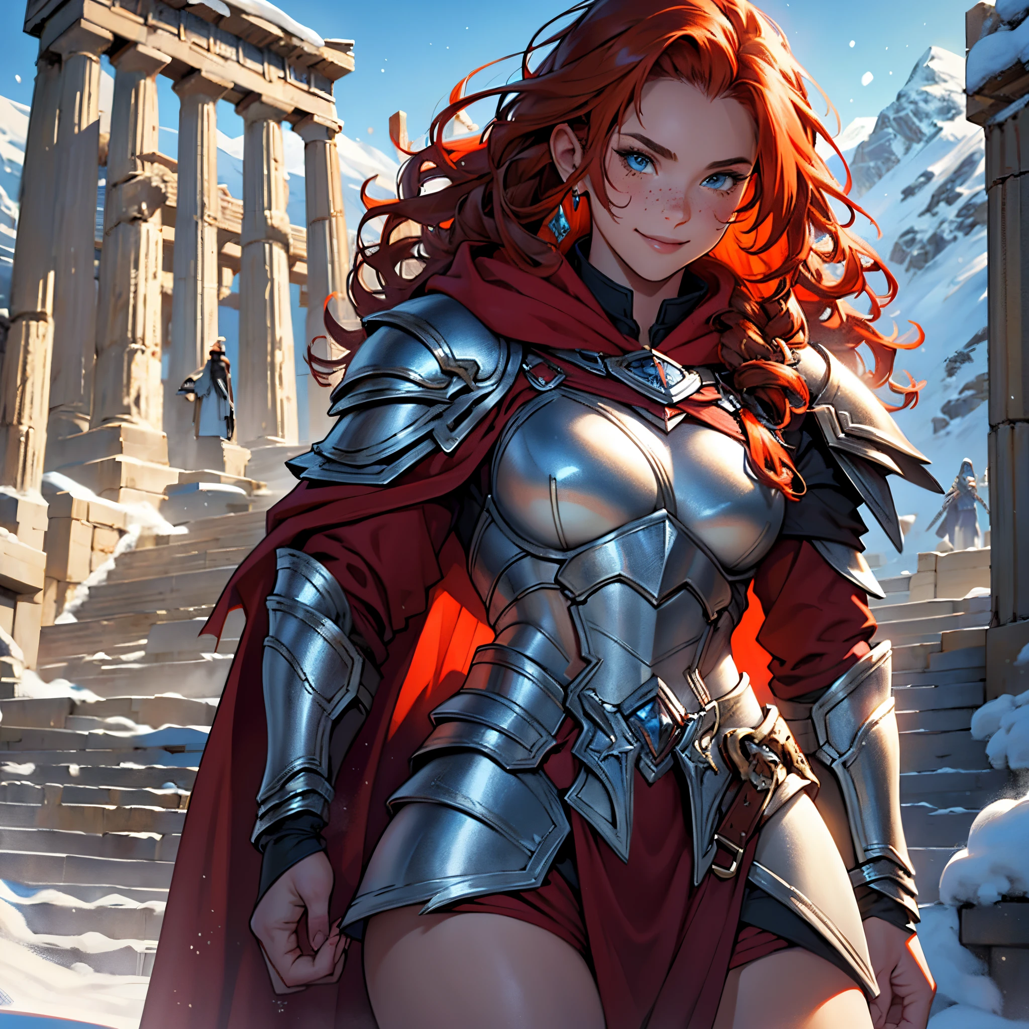 ​masterpiece, Best Quality, 4k, Background with:In front of the snow-covered stairs of a Greek temple with snow-capped mountains in the distance, One female Valkyrie warrior wearing silver armor and a dark red cloak, very curly orange hair, full of freckles, Smiley, Fantasy, close up portrait photo
