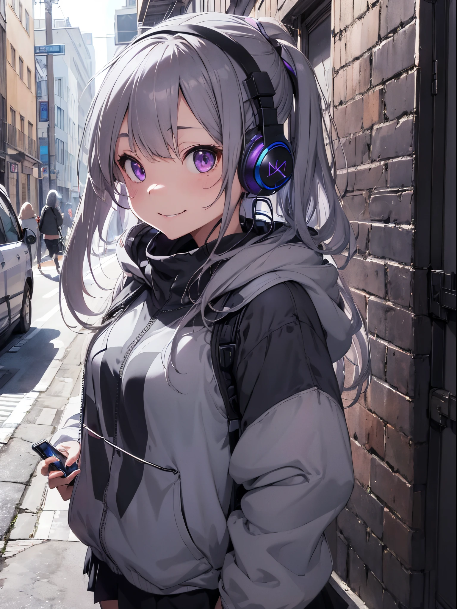 masutepiece,1girl in, Happy face, long messy gray hair, futuristic glowing headphones, Solo, Hoodie, off shoulders, Street, black cool jacket、、Light purple eyes、A smile、(((pass the headphones)))、(((Please show me your smartphone)))