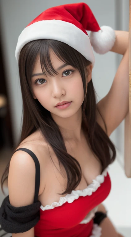 "In her work as a gravure idol、She is taking a cosplay photoshoot。Lightly set brown hair、Pose with confidence in Santa Claus cosplay and black tights。There are professional staff in the studio.、Bright lighting brings out her beautiful form。She faces the camera in a professional manner、You can freely control poses and changes in facial expressions.。The atmosphere is like that of a professional photo shoot.、There's creative energy all around.。This moment is、her artistic side、It can be said to be a special moment that combines the sincere attitude of professionals towards their work.