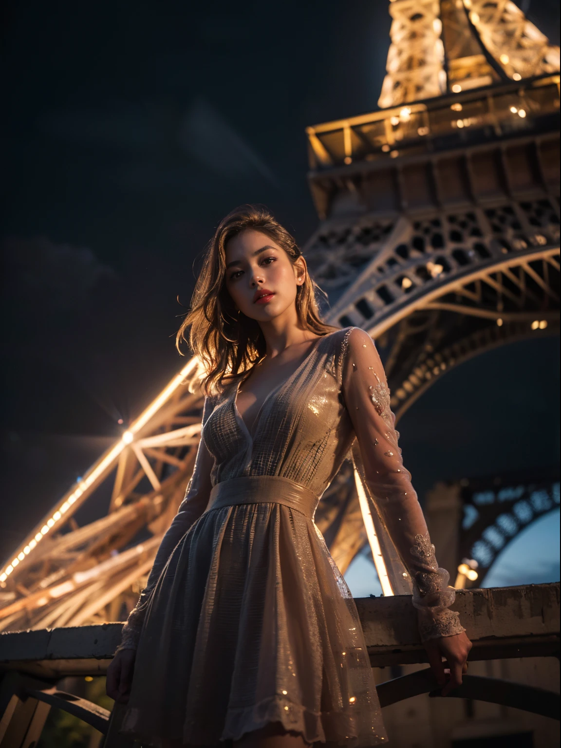 (8k, RAW, professional, best quality, masterpiece:1.2), (realistic, photorealistic:1.4), (28mm wide angle), (anamorphic lens), (lens flare), (long exposure), (highest detailed skin:1.2), (highest detailed face:1.2), cinematic lighting, 1girl, standing on Eiffel tower, night time, warm white light, (windy), look at the camera