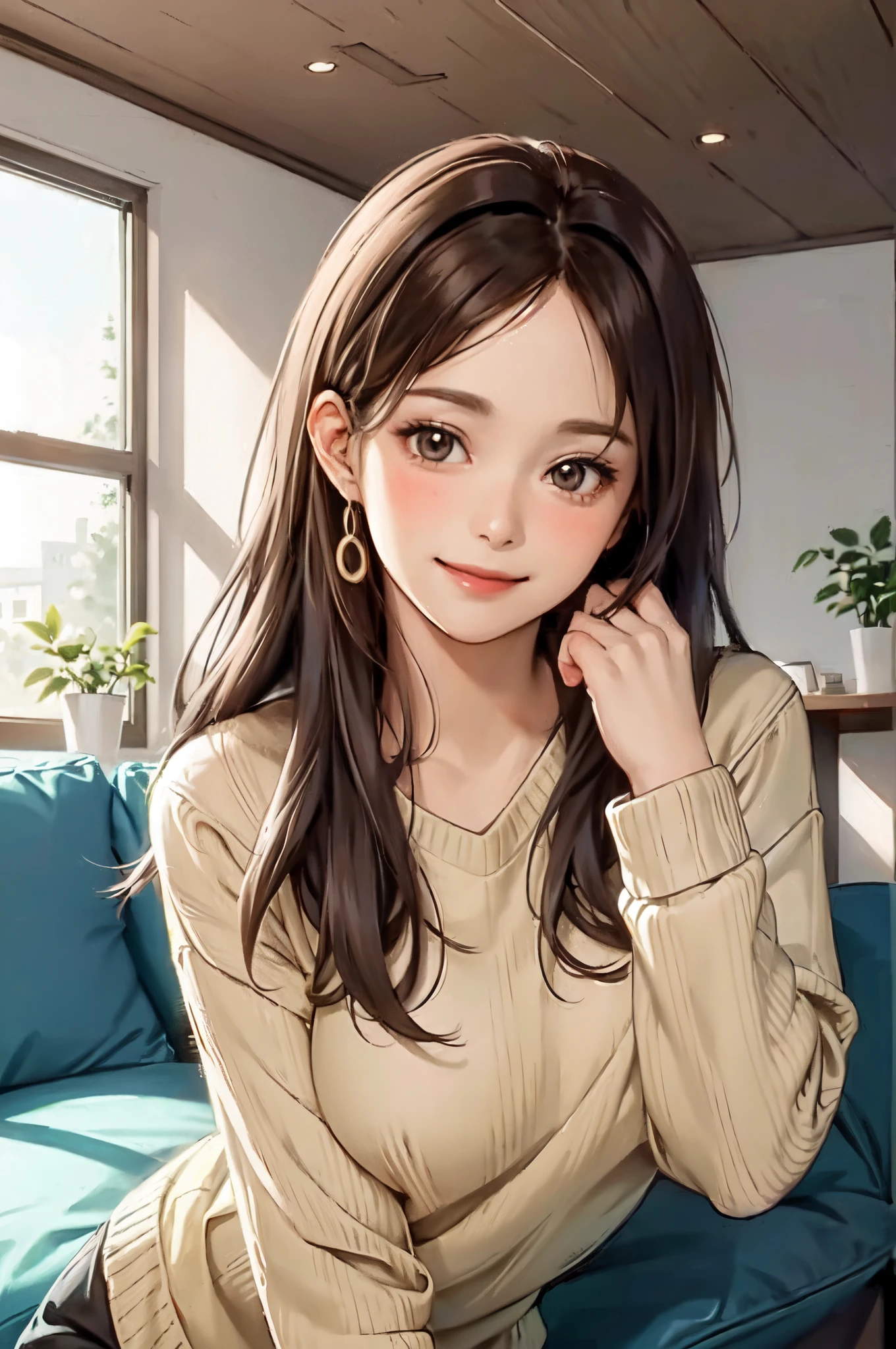 1lady standing, /(oversized sweater/) v-neck, mature female, /(brown hair/) bangs, blush kind smile, (masterpiece best quality:1.2) delicate illustration ultra-detailed, large breasts pantyhose BREAK /(modern house living room/) indoors