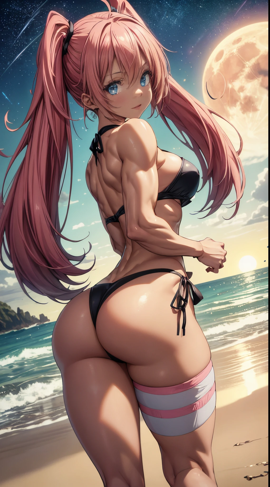 1 girl, (medium ))) (((big ass))),(wearing short bikini))), (long pink hair), (((blue eyes))), (on the beach at night with sky starry and full blood moon), (thin waist), (big butt), (thmuscular legs), muscular belly, bare feet, (looking at the background of the scene), Double tails, long eyes, Eye reflex, bad humor, anime, anime style, ray tracing, shine, drop shadow, panorama, Sony FE, 8k, UDisk, piece of master, precise, anatomically correct, Super Detail, best quality, ultra high-resolution, Hard disk, 16k
