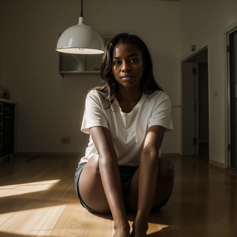 Pesa mestra, melhor qualidade, 1black girl, low lighting room, position, sitting on the floor,