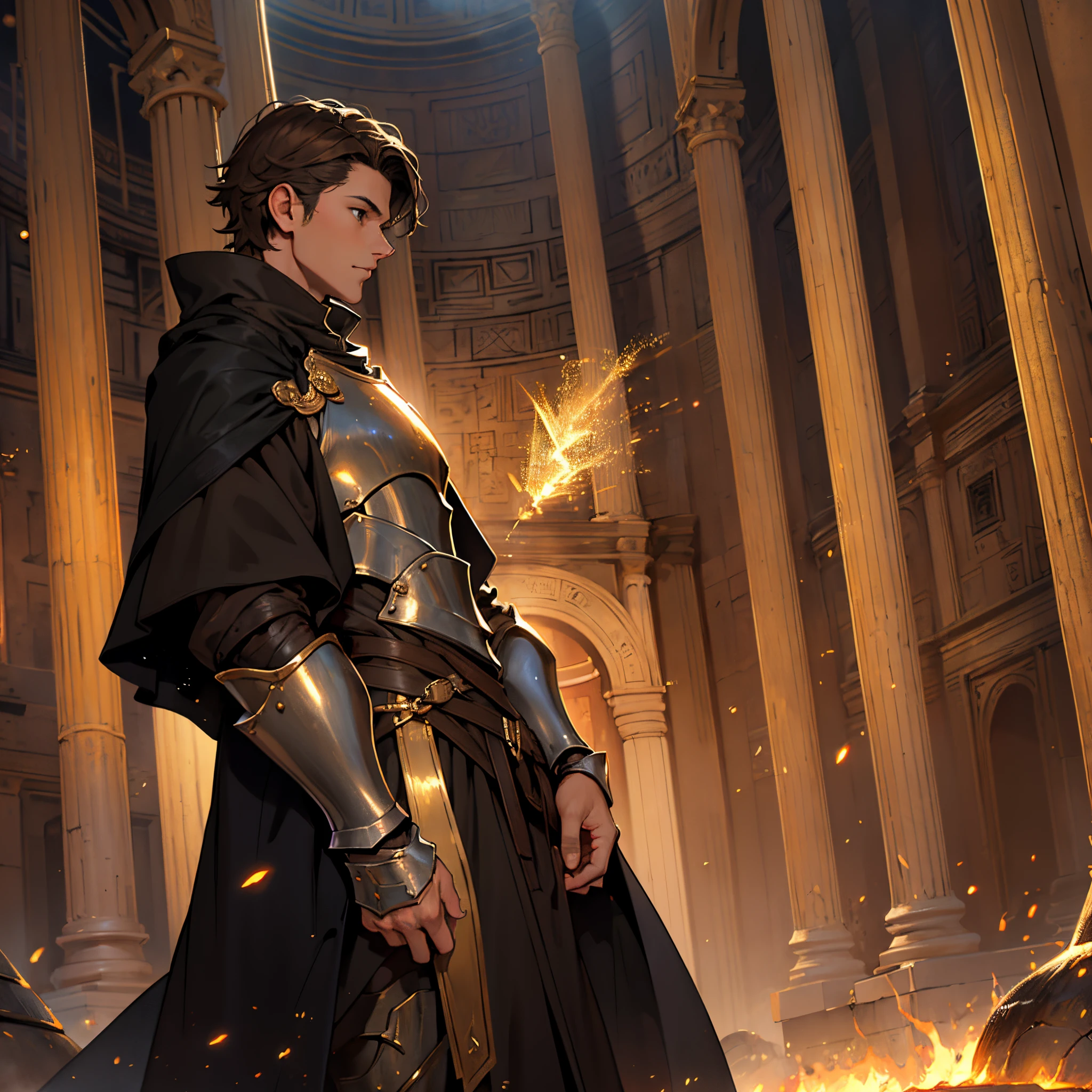 masterpiece, Best Quality, 4k, Background with:Inside the Pantheon with lava flowing, short brown hair, Sharp impression, very skinny knight of seville, gold armor, long black coat, Sparks fly