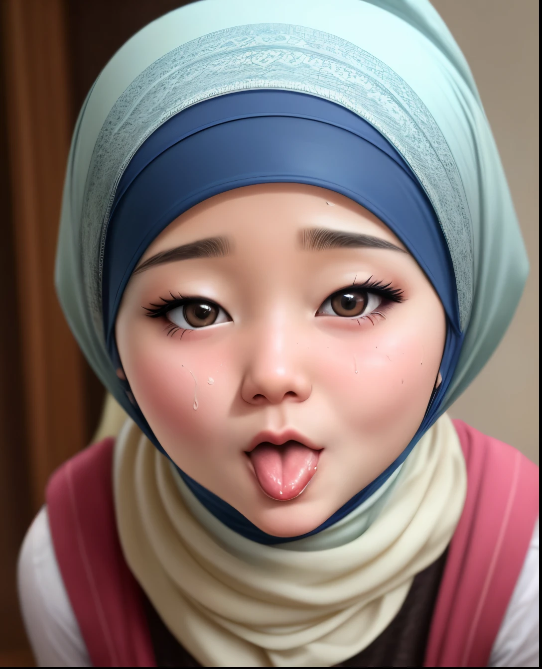 half body portrait photography of a mature 30 years old malay women wearing hijab and naked, side lighting, open mouth, tongue out, watery mouth, very wet face, front view, eye contact, very wet body, watery body, twerking, squatting pose